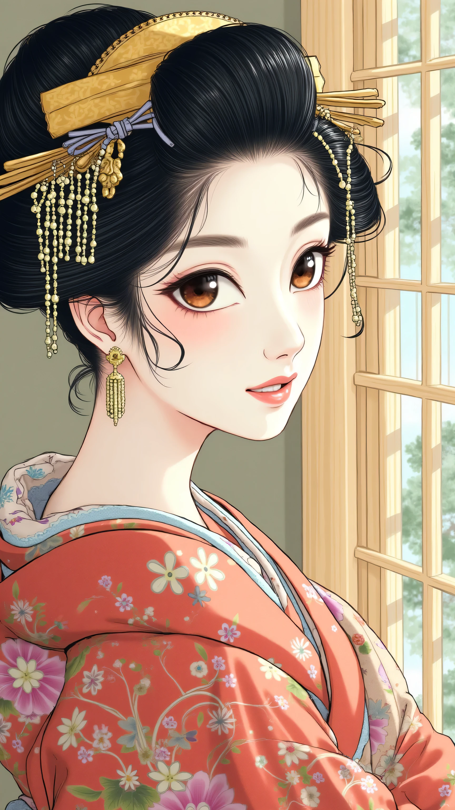highdefinition images、Katsushika Hokusai manga(pretty eyes、Look at every detail、multi-colored hair below the arm)、 kimono that looks like a yukata 、Woman looking out of a window、葛飾北斎スタイルでhighdefinition images、Kimono beauty、顔のdetails、highest quality ukiyo-e、details、high resolution image beauty。