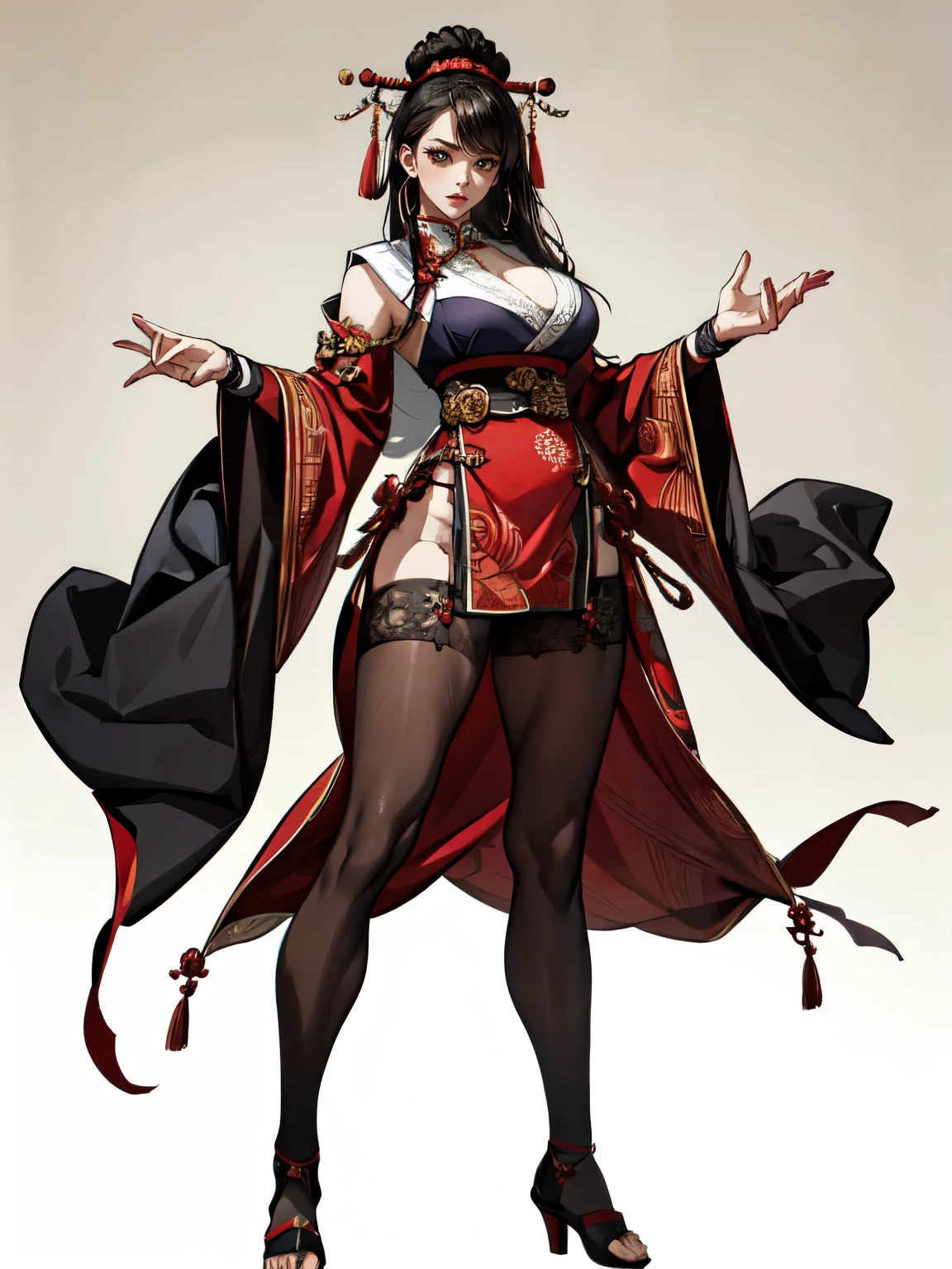 attractive woman, a woman from the Three Kingdoms period, dark hair, Big breasts, An exposed woman, Solo, creates an image from the top of her head to her thighs, (woman holding a weapon), Three Kingdoms costume , ((no background)), fishnet stockings, ((black eyes)), (((Harmonious hands))), (((full body)))