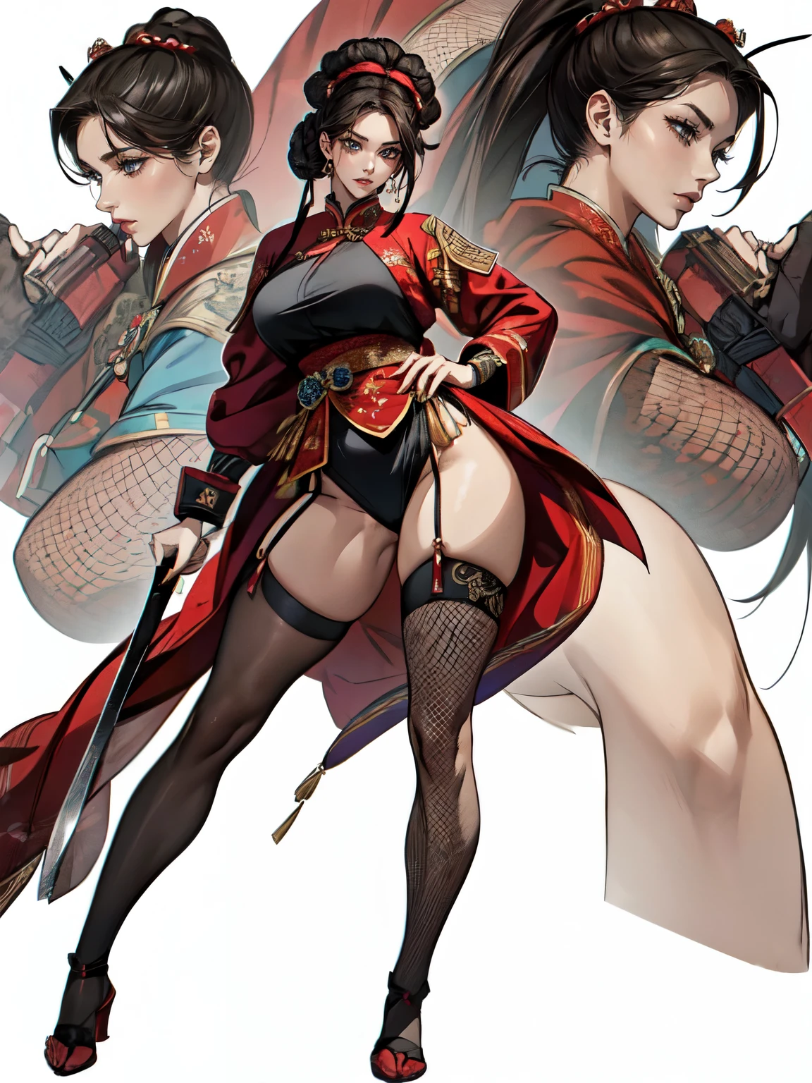 attractive woman, a woman from the Three Kingdoms period, dark hair, Big breasts, An exposed woman, Solo, creates an image from the top of her head to her thighs, (woman holding a weapon), Three Kingdoms costume , ((no background)), fishnet stockings, ((black eyes)), (((Harmonious hands))), (((full body)))
