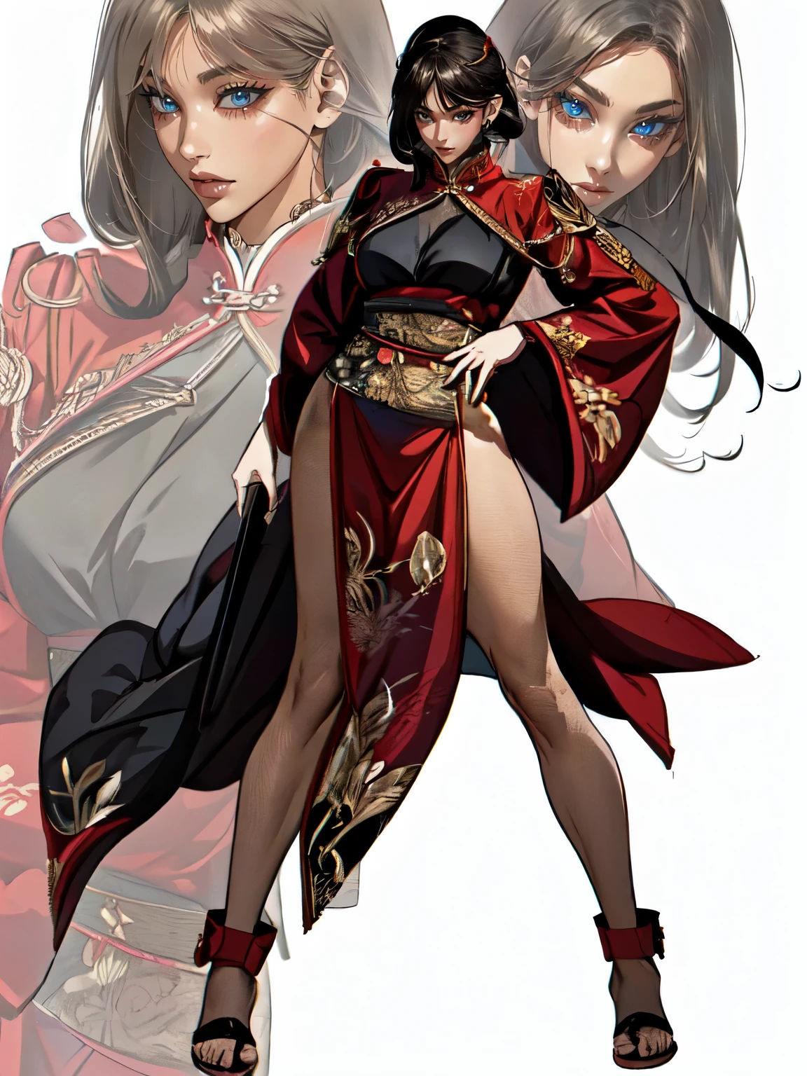 attractive woman, a woman from the Three Kingdoms period, dark hair, Big breasts, An exposed woman, Solo, creates an image from the top of her head to her thighs, (woman holding a weapon), Three Kingdoms costume , ((no background)), ((black eyes)), (((Harmonious hands))), (((full body)))