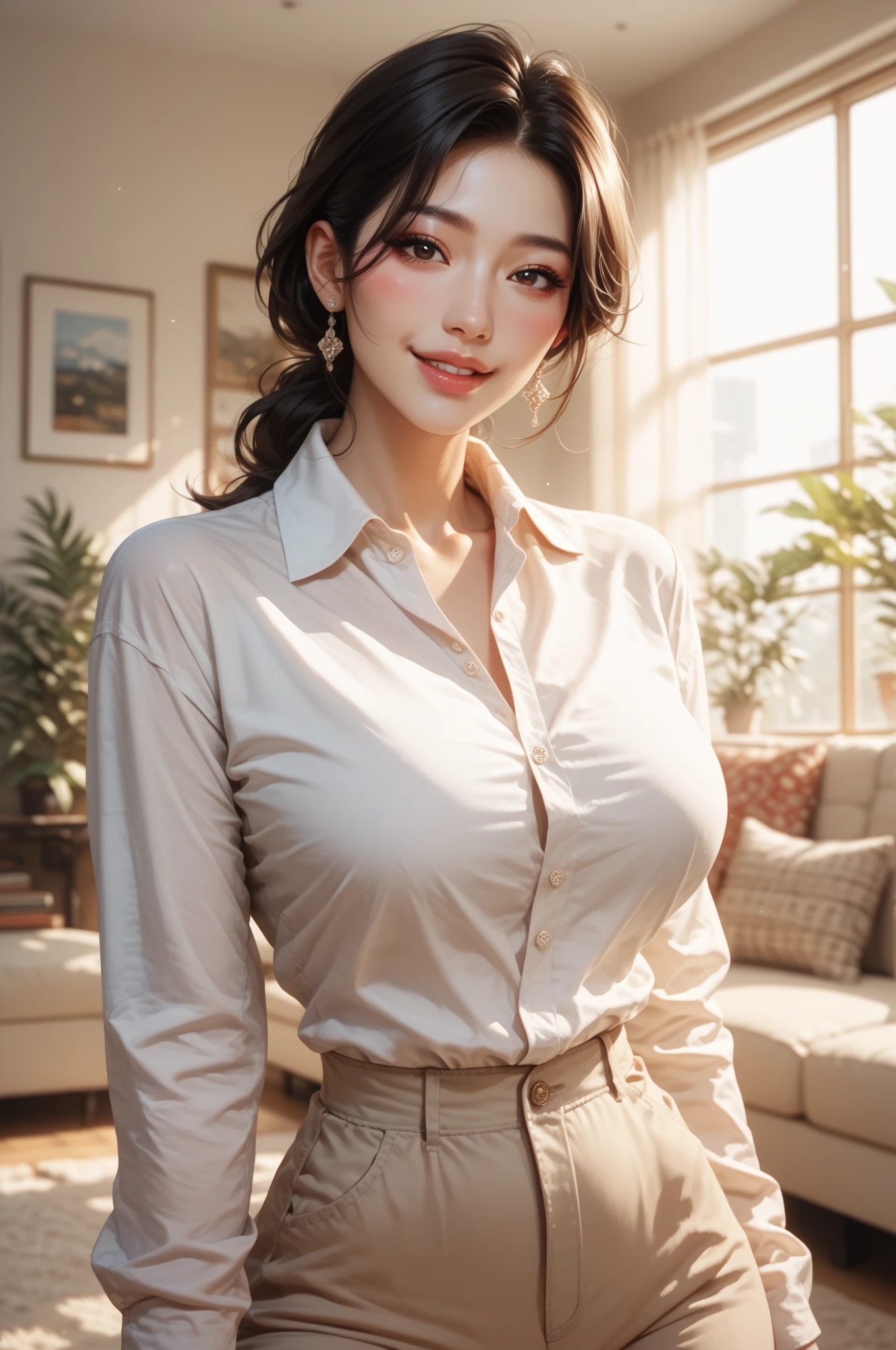 Uma linda garota de 20 anos com, cabelo curto e cacheado, e olhos azuis, Wear a white blouse with a black blazer over it and long pants, Businesswoman, bem sucedida