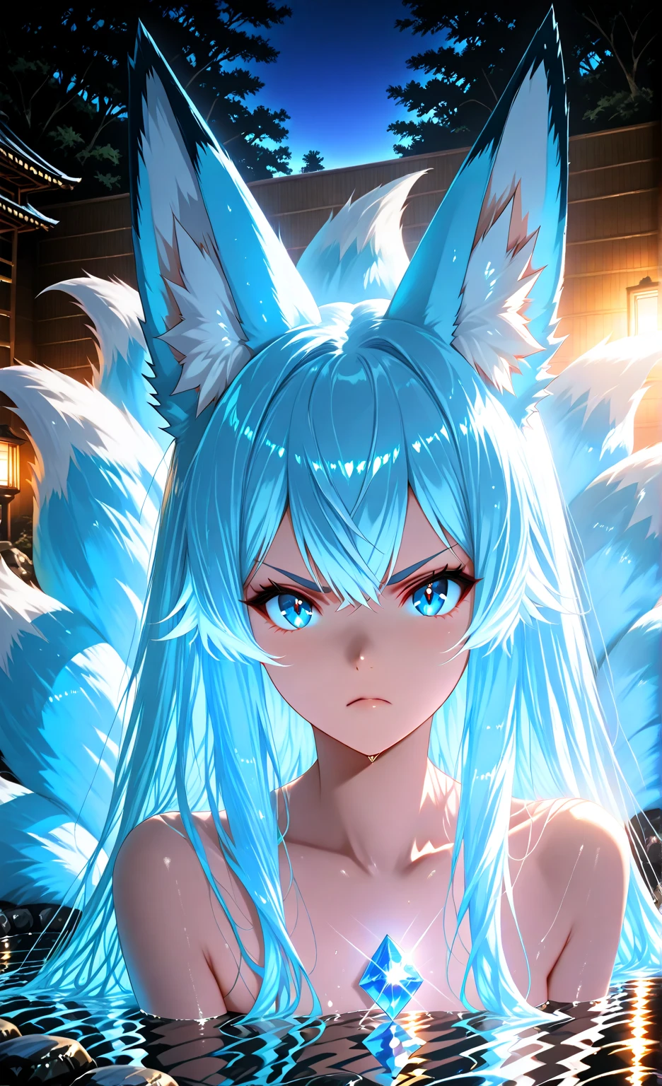 Miku Hatsune,Arabic, tanned skin, High Definition, kitsune ears, Masterpiece}}, of the highest quality, Highly detailed CG Unity 8k wallpaper, cinematic lighting, Lens flare, Beautiful detailed eyes, , lateral line, multicolored hair, showy light, particle, heterochromia, (showy:1.1), (showy hair:1.5), whole body