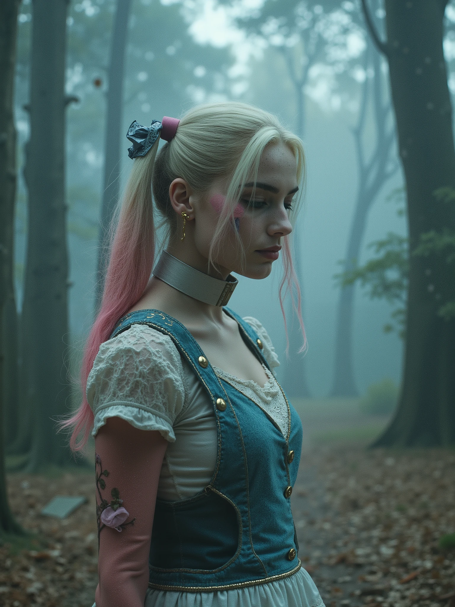 Create an image illustration poster of a futuristic cyberpunk movie portrait of a cute blonde 35-year-old woman with hair tied in two pigtail tips painted one side pink and the other blue, She is dressed in Alice's clothing and is in a forest on a path amidst psychedelic trees. As an overlay but montage add playing cards and in the background is the Cheshire cat flying from Wonderland the hatter's hat the rabbit and the cup of tea and add fog