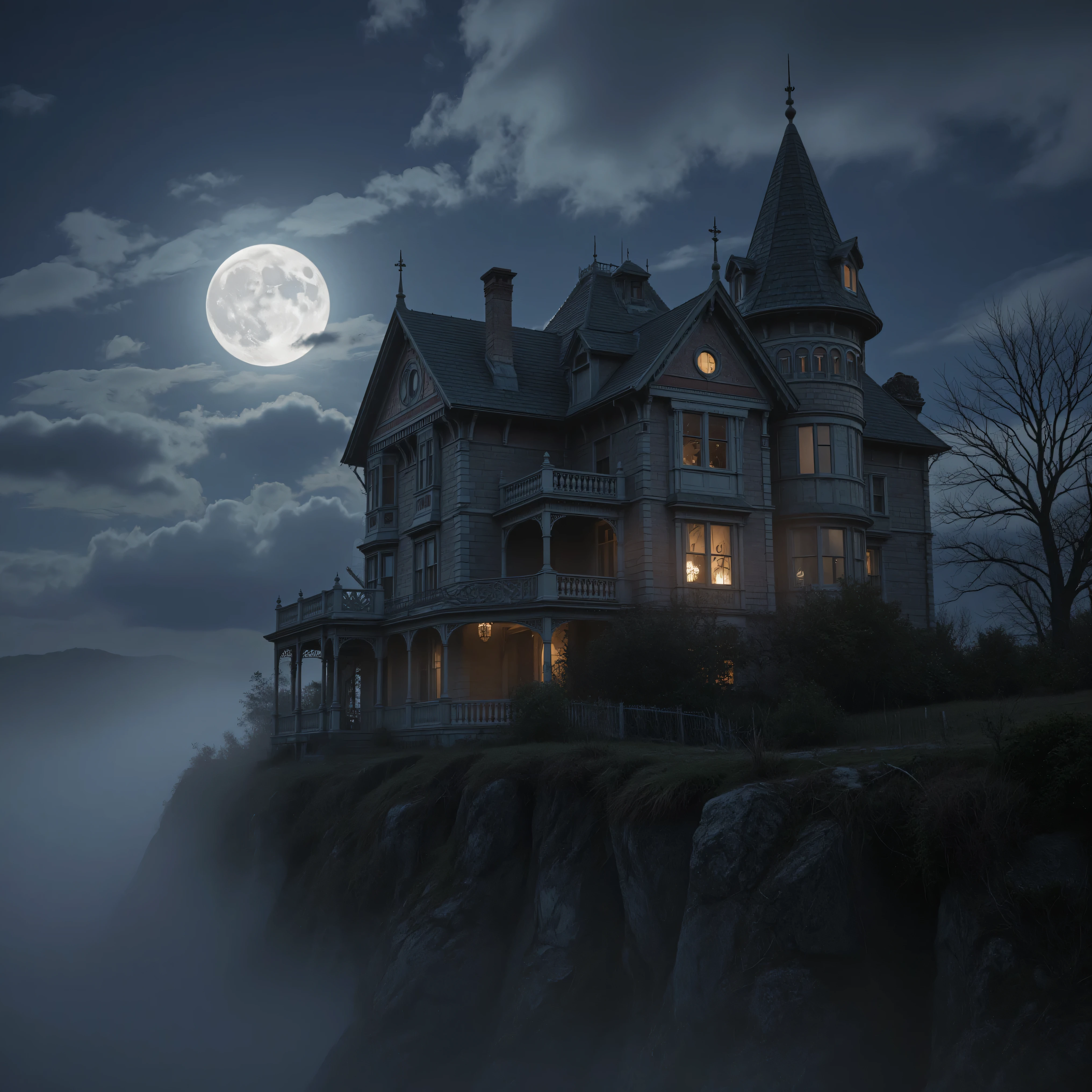 prompt ultra-realistic, photo-realistic, cinematic photography, cinematic lighting, dramatic shadows, intricate details and textures, physically-based rendering, 3D realism 
A solitary Victorian mansion perched on a windswept cliff, moonlight illuminating its gothic architecture, tendrils of mist curling around broken windows, an atmosphere of melancholy abandonment, cinematic lighting