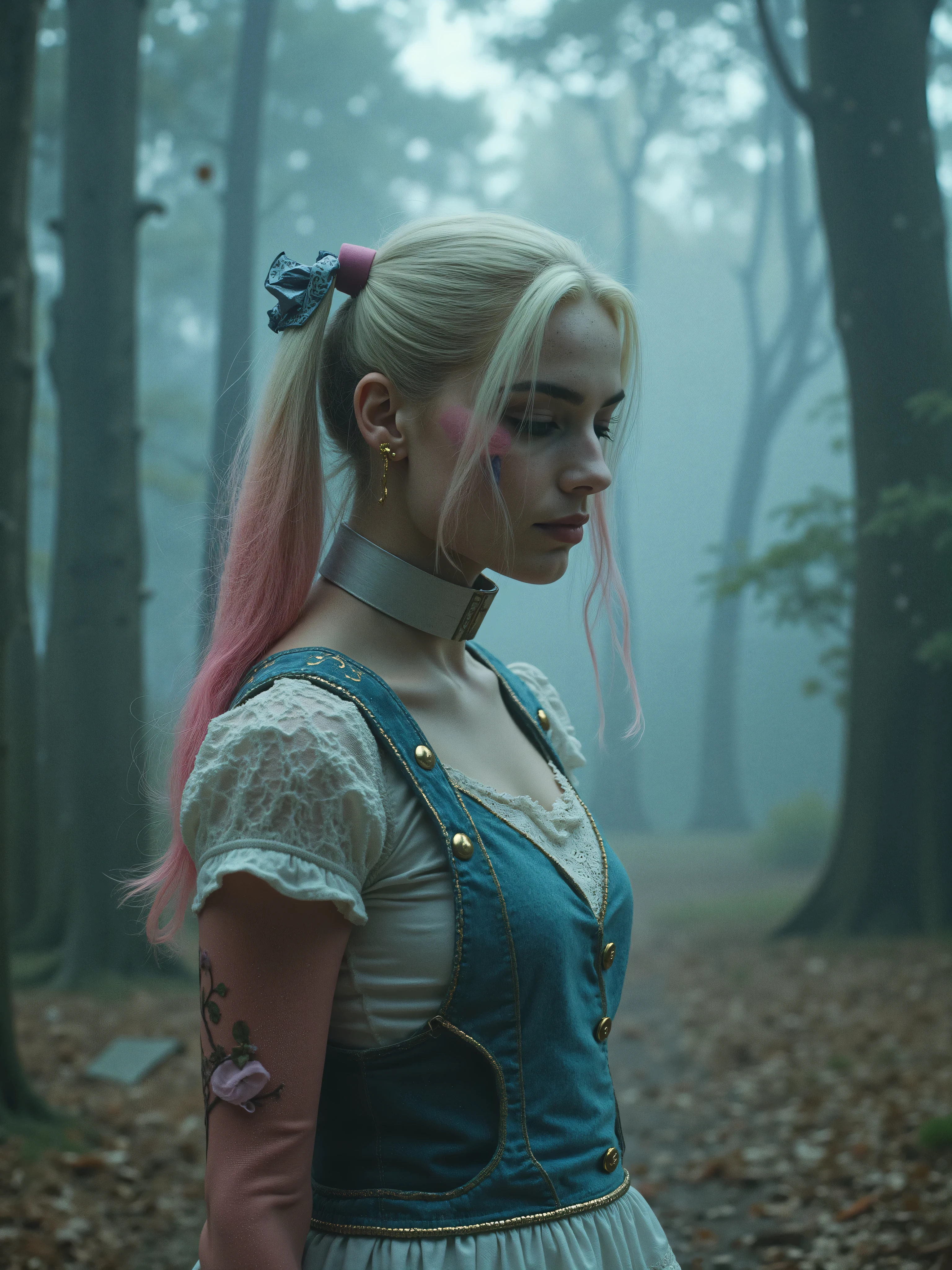 Create an image illustration poster of a futuristic cyberpunk movie portrait of a cute blonde 35-year-old woman with hair tied in two pigtail tips painted one side pink and the other blue, She is dressed in Alice's clothing and is in a forest on a path amidst psychedelic trees. As an overlay but montage add playing cards and in the background is the Cheshire cat flying from Wonderland the hatter's hat the rabbit and the cup of tea and add fog