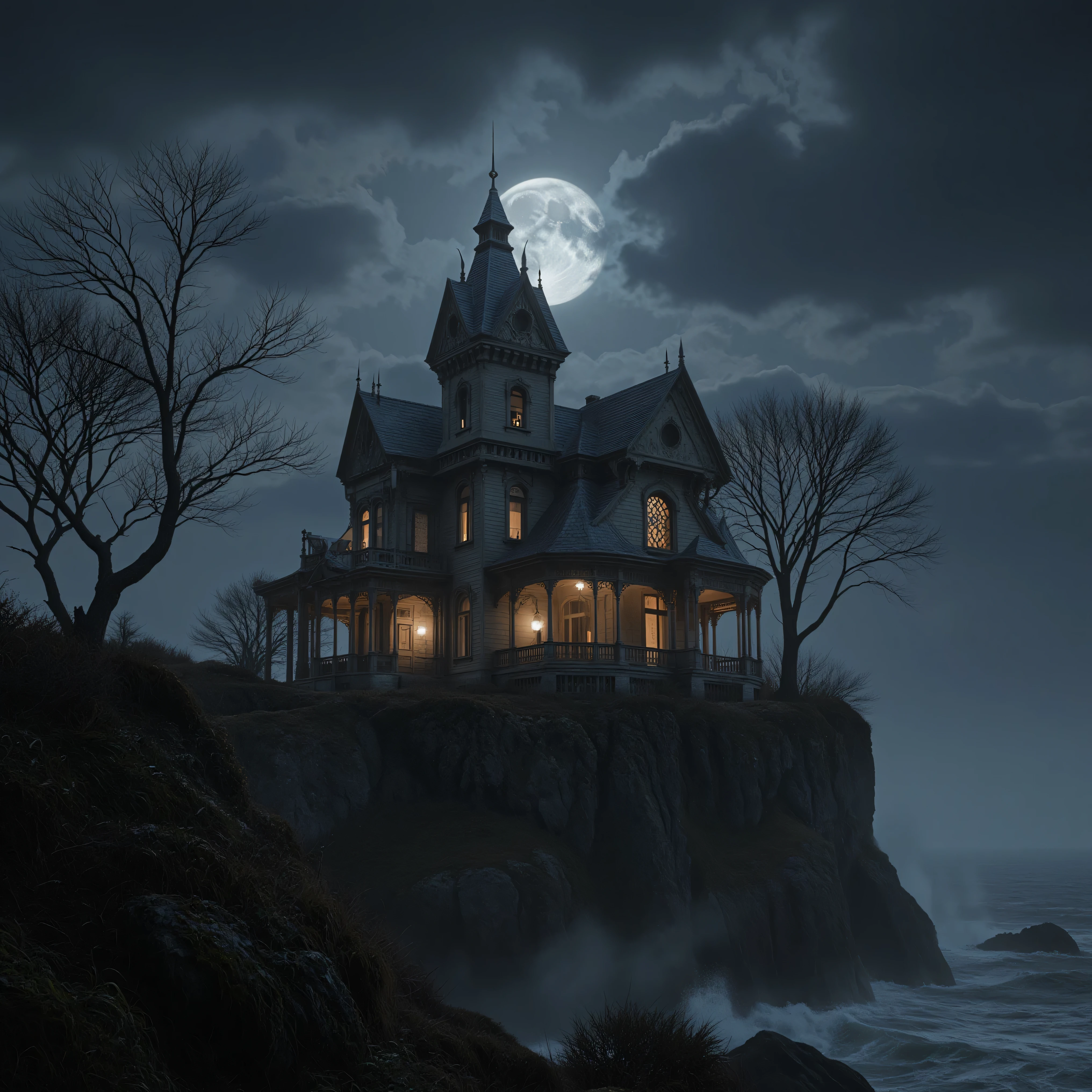 prompt ultra-realistic, photo-realistic, cinematic photography, cinematic lighting, dramatic shadows, intricate details and textures, physically-based rendering, 3D realism 
A solitary Victorian mansion perched on a windswept cliff, moonlight illuminating its gothic architecture, tendrils of mist curling around broken windows, an atmosphere of melancholy abandonment, cinematic lighting