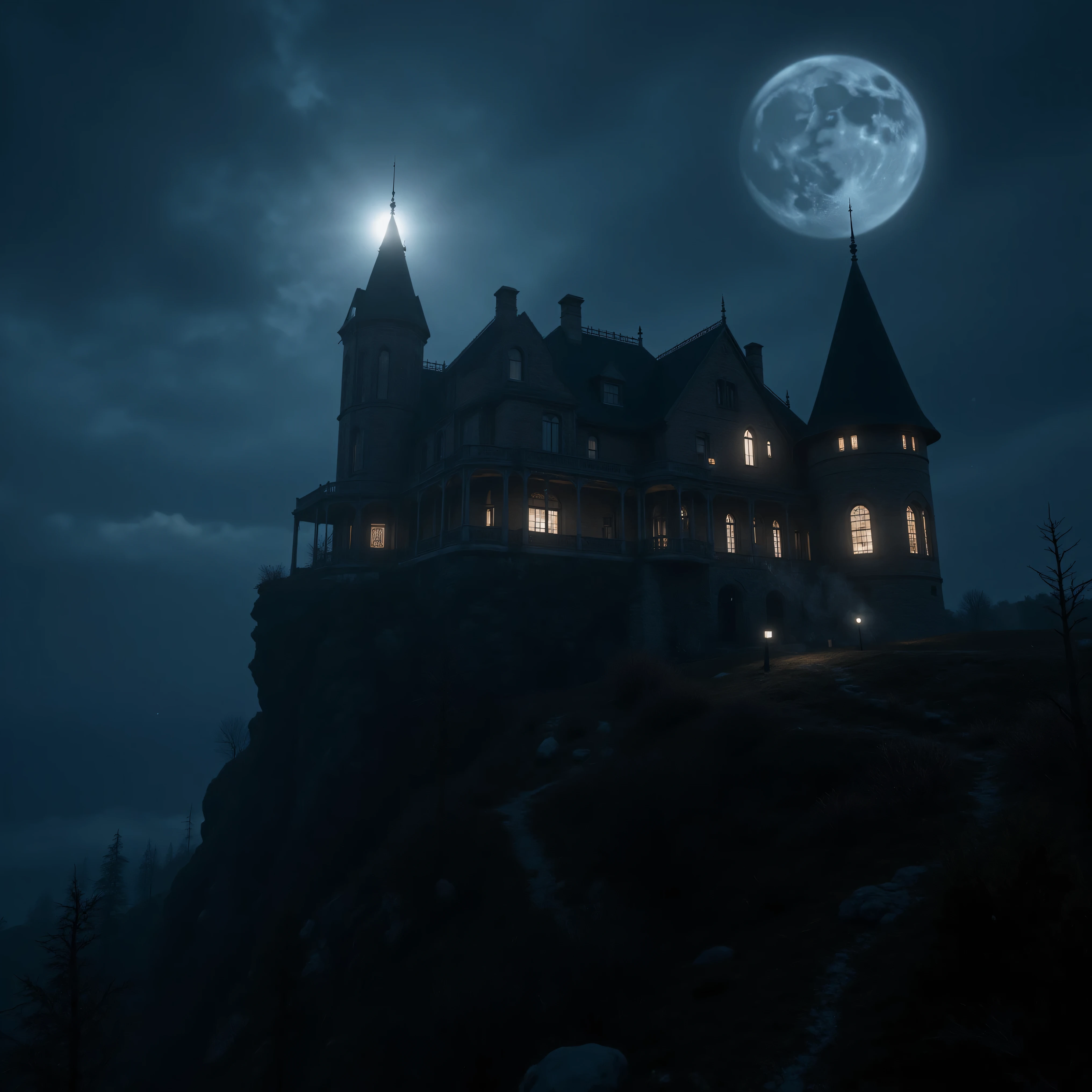 prompt ultra-realistic, photo-realistic, cinematic photography, cinematic lighting, dramatic shadows, intricate details and textures, physically-based rendering, 3D realism 
A solitary Victorian mansion perched on a windswept cliff, moonlight illuminating its gothic architecture, tendrils of mist curling around broken windows, an atmosphere of melancholy abandonment, cinematic lighting