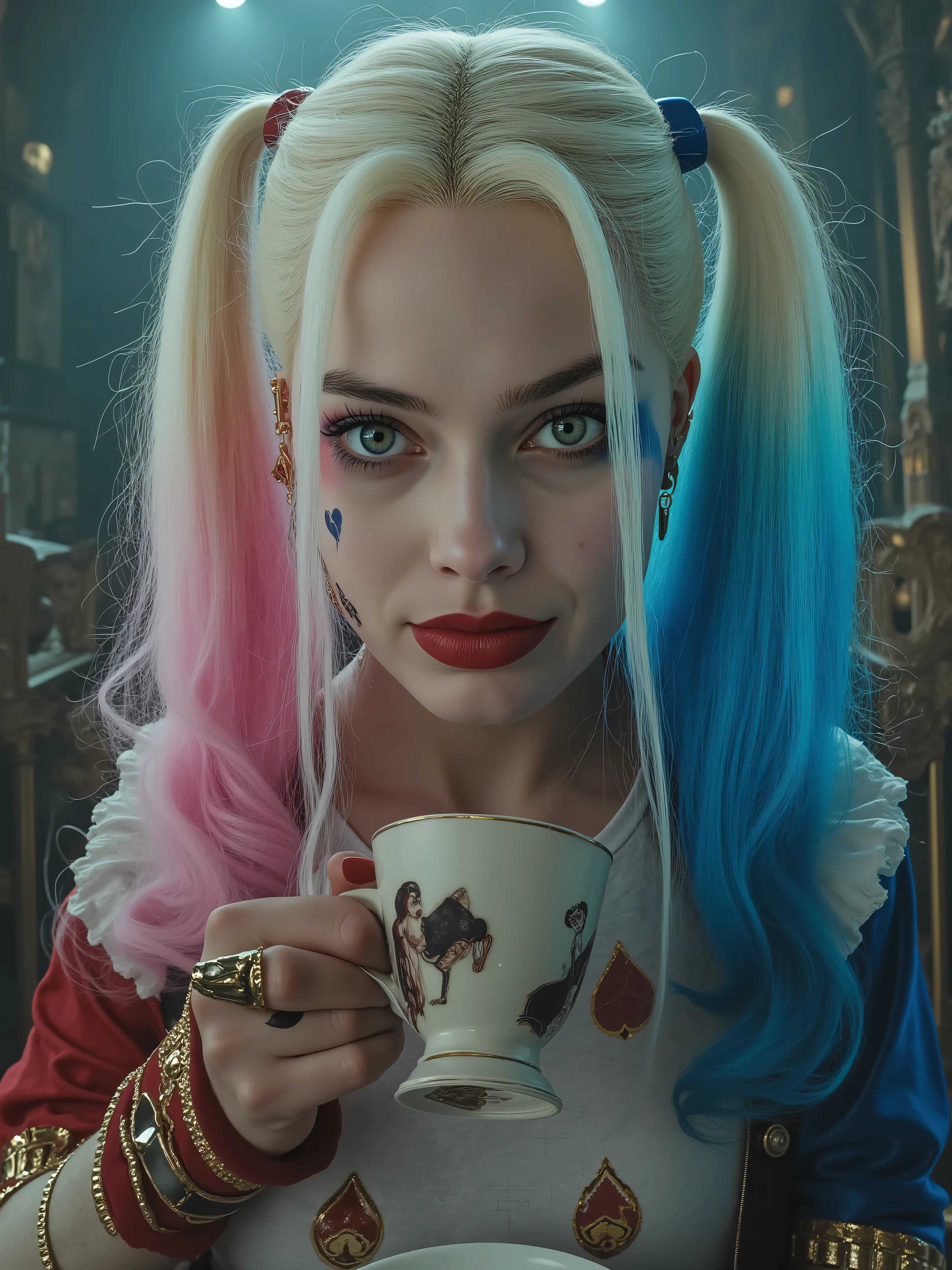 Create an image, illustration, poster of a futuristic cyberpunk movie portrait of the face and lap of a cute blonde 35-year-old woman with hair tied in two pigtail tips painted one side pink and the other blue, She is dressed in Alice's clothing and is in an enchanted castle in Wonderland. add playing cards as frames and in the background in Wonderland Harley Quinn is drinking tea in a cup.