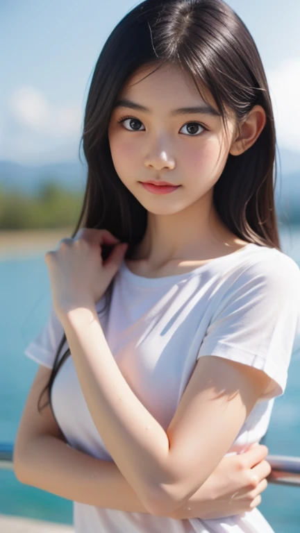 Small breasts、Earrings、necklace、Beautiful glowing white skin,、 bright, Refreshing and gentle look, Perfect beautiful pretty face, Shiny, straight, long hair down to the waist, Beautiful shiny bangs, （（Very beautiful and beautiful４Year old girl））, eyeliner, so perfect and beautiful, Big clear sky blue eyes, bright eye highlights、Baby Face、Cute smile、Long eyelashes、Wearing shorts、Low waist、Ocean、Playing in the waves、Have a bold pose、Being at the edge of the waves、