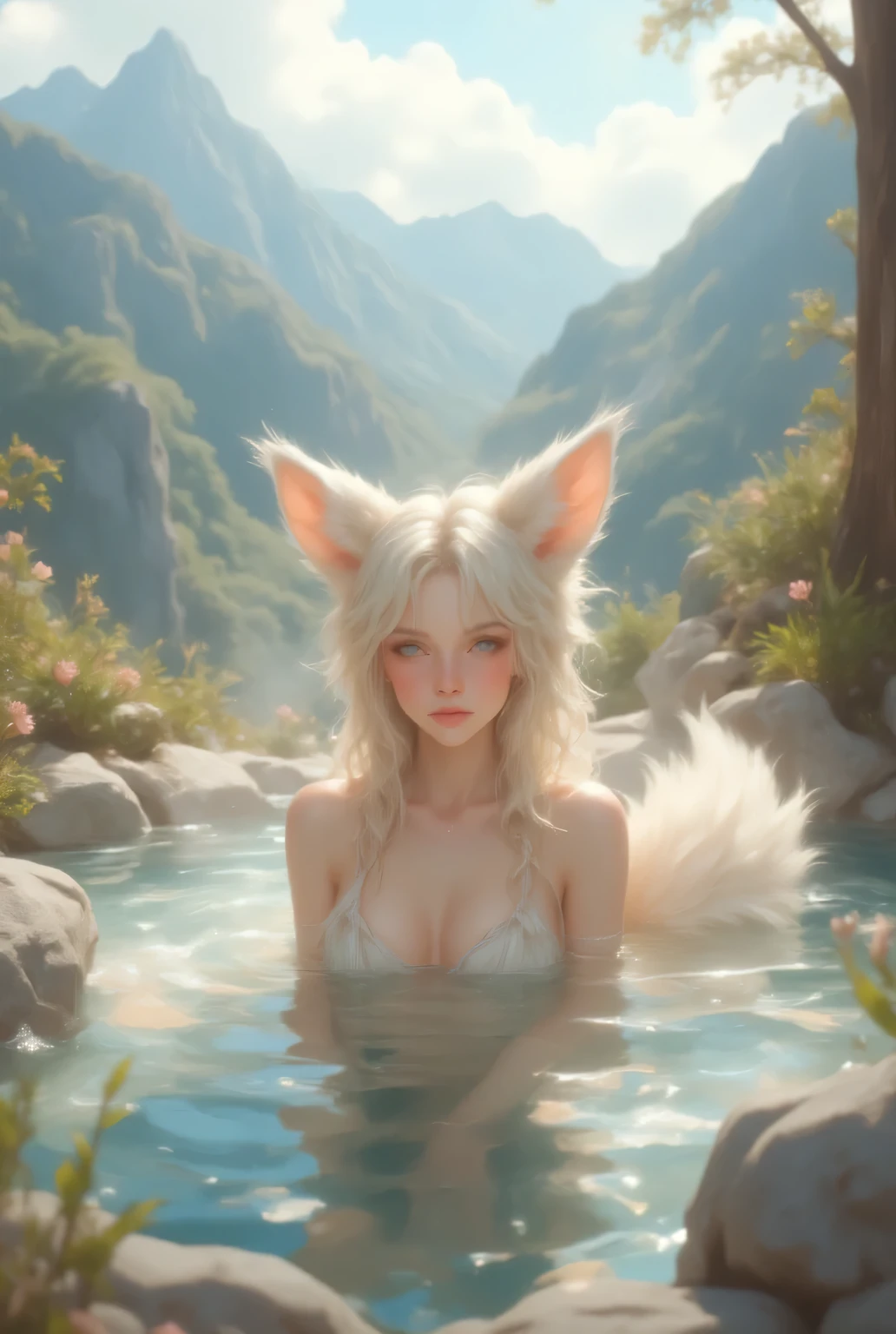 Yoko in an open-air hot spring、I can see my tail 、With fox ears