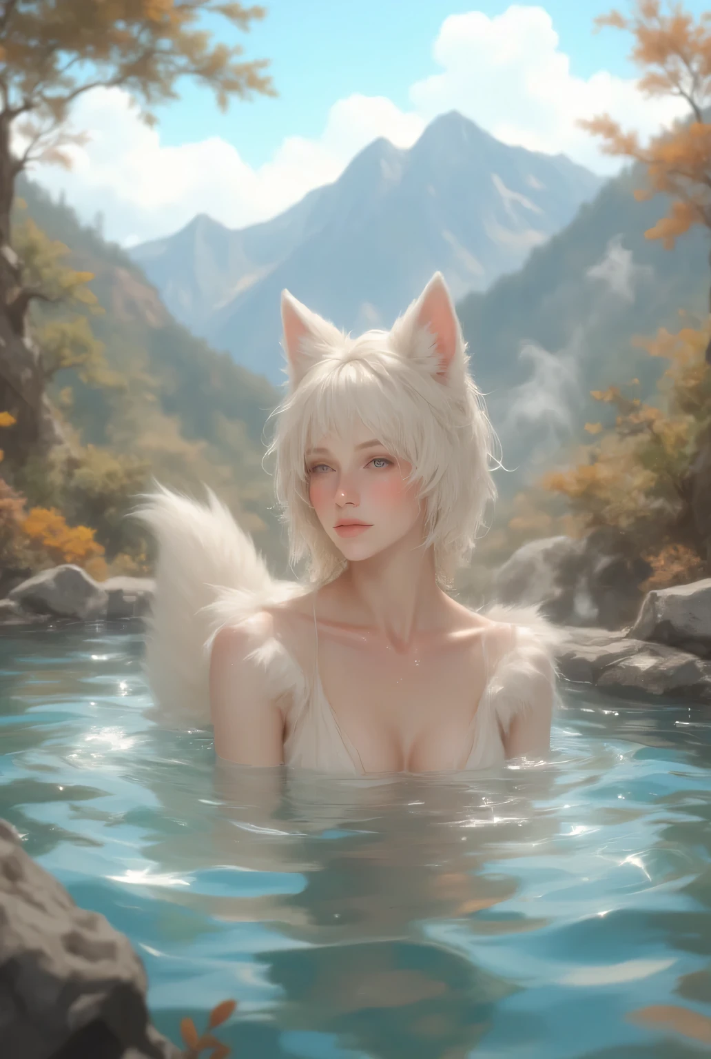 Yoko in an open-air hot spring、I can see my tail 、With fox ears