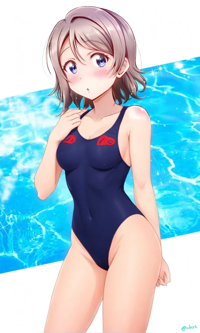 1girl, solo, watanabe you, school swimsuit, blue eyes, medium breasts,short hair, one-piece swimsuit, beach,looking at viewer, arms behind back,get wet,pussy,blue eyes,highleg swimsuit,grey hair,blush,open mouth