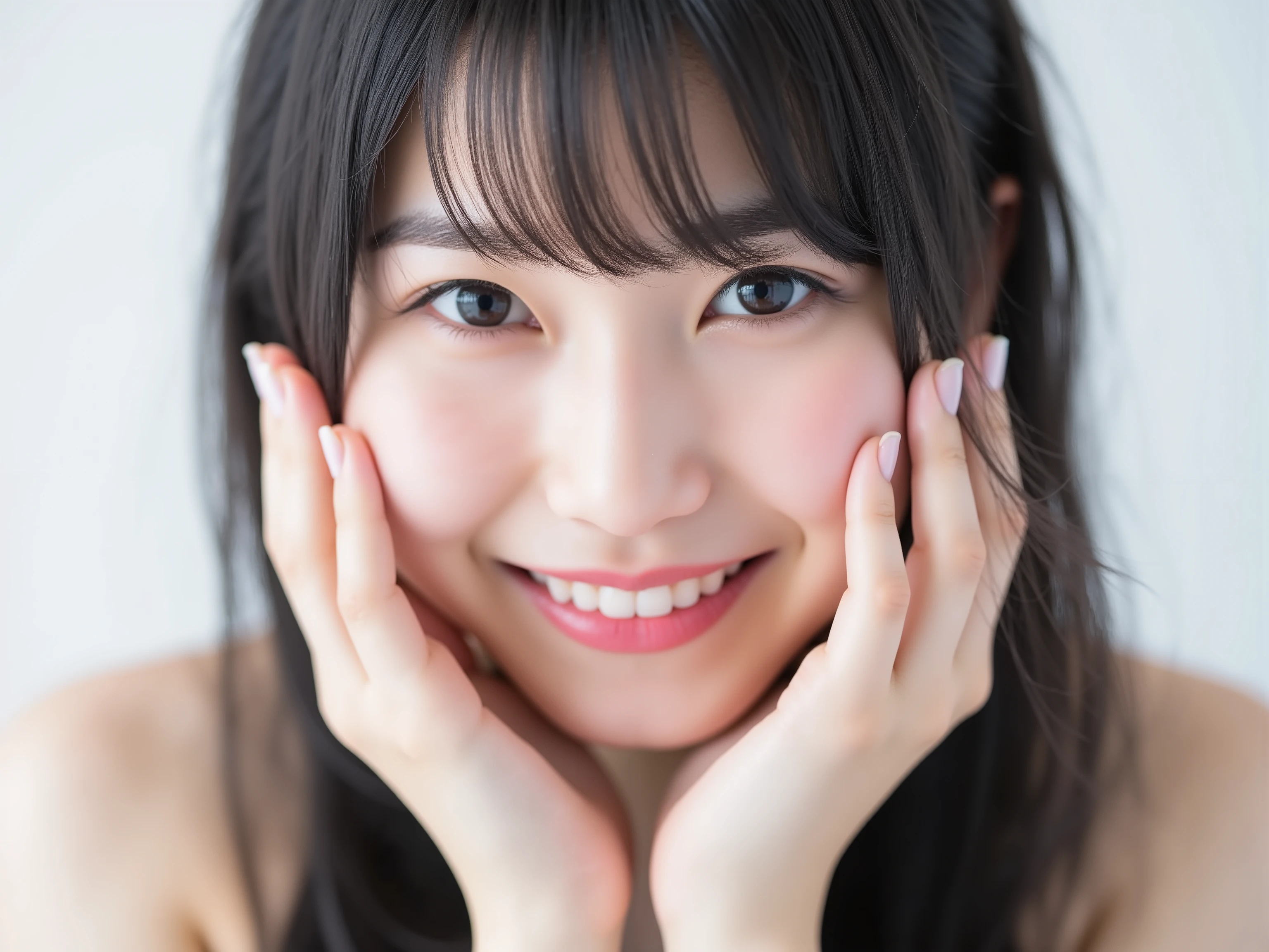 (Refined from an old photo, recreated in a modern, ultra high-quality photorealistic style, with a trendy Reiwa-era hairstyle: soft semi-long hair with natural waves and airy see-through bangs), 

Ultra photorealistic close-up portrait of a beautiful Japanese woman, 

upper-body shot, wearing a black outfit (completely out of frame, not visible), 

shoulders and collarbone softly exposed, 

both hands pressing her cheeks in a shy, lovestruck pose, 

sparkling eyes gazing dreamily at the viewer with overwhelming affection, 

cheeks blushing deeply with a sweet reddish glow, 

soft glossy lips curved into a bright, full, lovestruck smile, 

expression melting with love, playful, dreamy, adorably bashful, 

purely cute and lovestruck, overflowing with affection and warmth, 

realistic skin with detailed pores, subtle freckles, natural uneven tones, 

tiny imperfections for realism, soft peach fuzz visible, 

hair rendered with individual strands, slightly messy flow, natural matte shine, 

soft diffused cinematic lighting, natural depth, 

background pure white with gentle blur, 

(masterpiece, best quality, high resolution, intimate romantic close-up, cinematic magazine cover style)