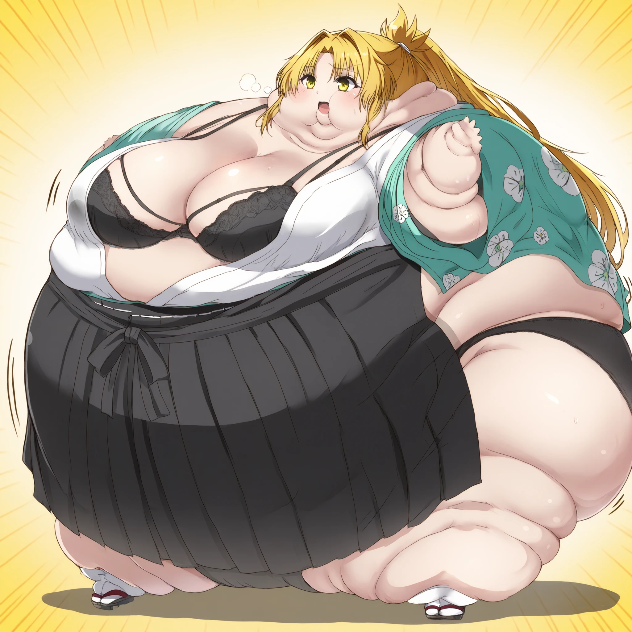 nobuna oda, blonde hair, medium breasts, yellow eyes, hair intakes, parted bangs,, cleavage, underwear, japanese clothes, open clothes, kimono, bra, lingerie, black bra, open kimono, hakama, black hakama, ponytail, fat, chubby, obese,, large breasts open mouth, out of breath, sphere_tf mini limbs only head, sphere body,