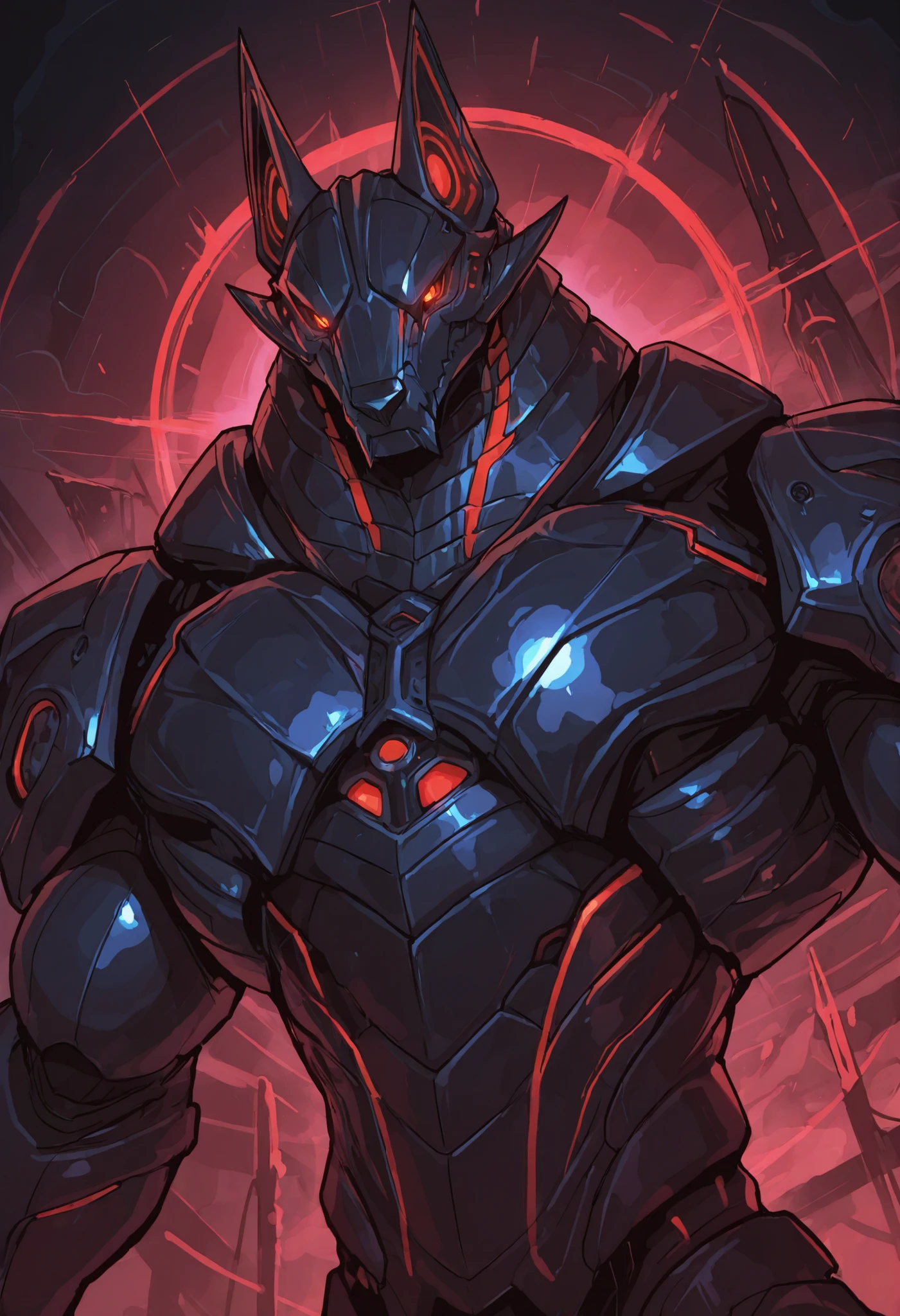 score_9, score_8_up, score_7_up, score_6_up, score_5_up, score_4_up, gigerworld, anthro jackal, wearing black waistcoat over heavy armor, bulky, wide chest
cybrog, anthro, jackal, male, Muscle, Delicate face, Delicate eyes, 1 big tail, (glowing LED), rubber goo body, crimson glowing eyes, black steel scales, black and evil armor, futuristic fantasy evil armor, heavy armor, snout-cover armored mask, faceless head, balanced physique, muscle-shaped armor, war machine, muscular physique, thick arms and legs, claws, warframe, cyborg,
dnd, powerful pose, levitating, advanced and stylish design, dutch angle, portrait, upper body focus, detailed background, newest, extremely detailed CG unity 8k wallpaper, metallic, realistic, masterpiece, highest quality, masterpiece, highest quality, lens flare, unreal engine, trending on ArtStation, Intricate, High Detail, dramatic, beautiful and detailed lighting, shadows