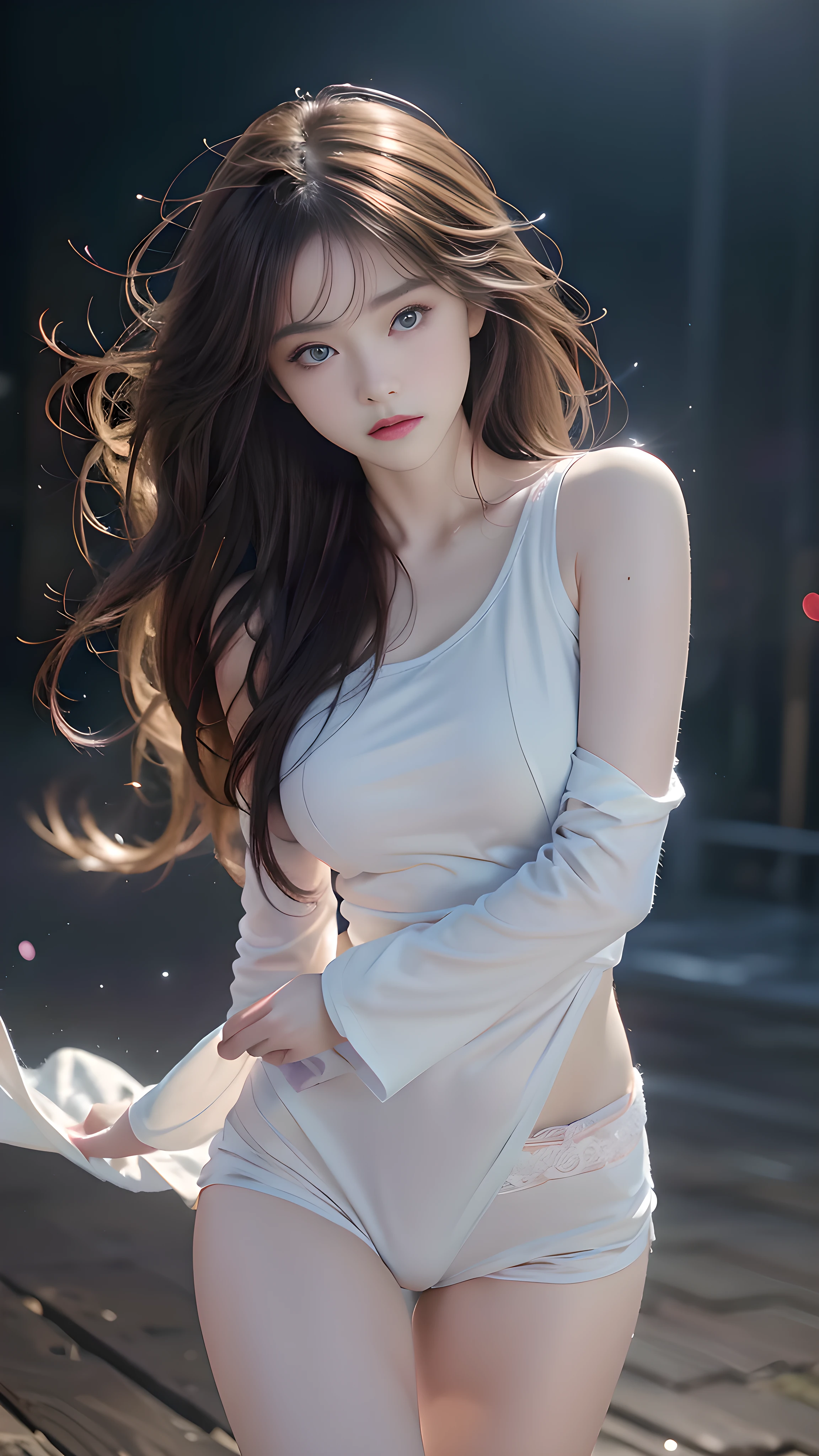 1 girl, 19 years old, ((city in Vietnam)), dark brown hair, purple eyes, hair ornament, ((cowboy photo)), ((Beautiful girl in contemporary style dance, soft and emotional movements, arms trembling as if holding something invisible, mystical fog and soft lights)), realistic detailed photo of a plumple breasted girl with exposed shoulders, groomed fingers, high-quality skin, blue eyes, (bare thighs), (masterpiece, best quality: 1.5), wind and flying hair, (best quality, 4k, 8k, high resolution, masterpiece: 1.2), extremely detailed, (realistic, true-to-life, lifelike: 1.37), studio lighting, vivid colors