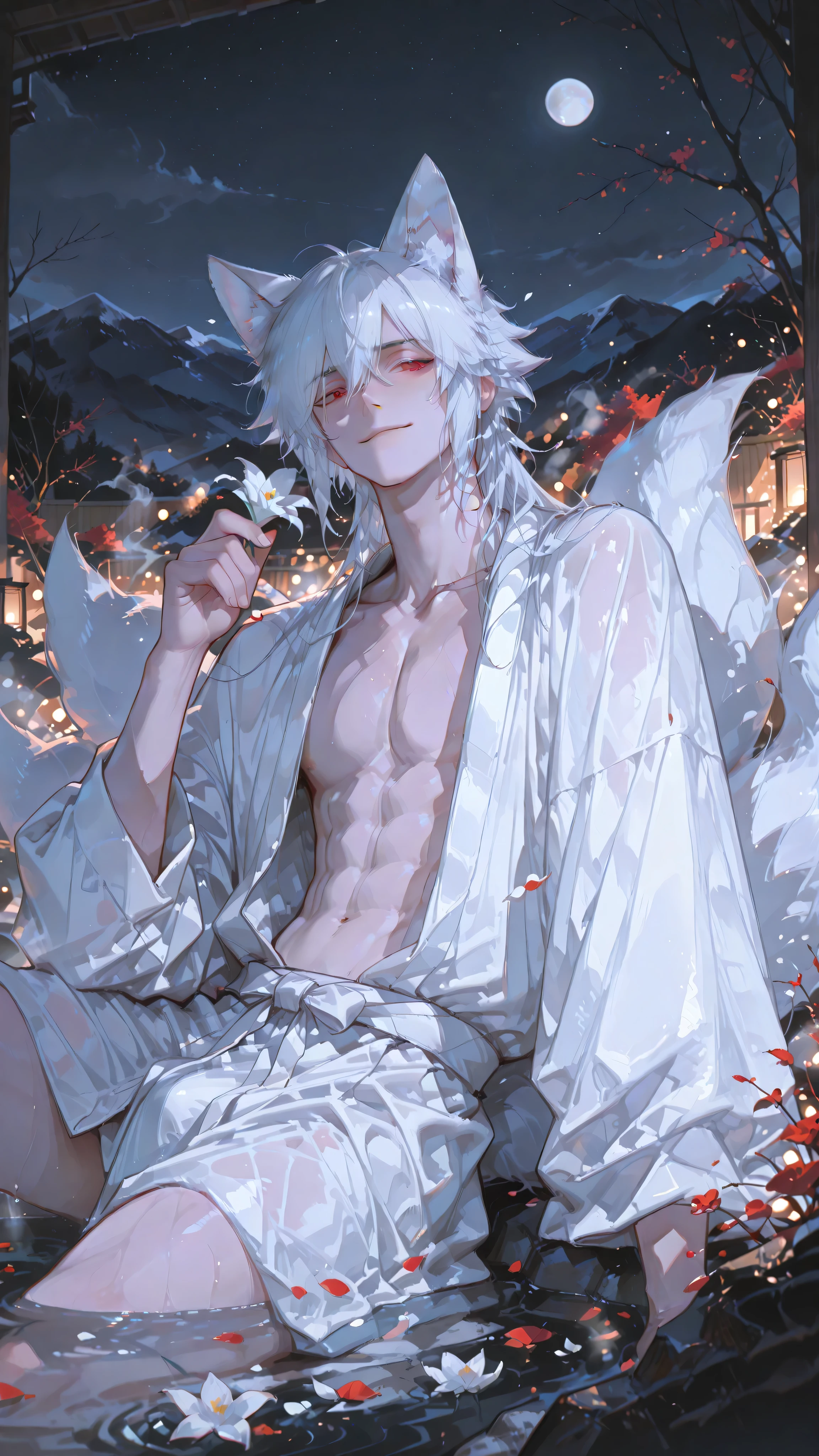 (kemonomimi_mode, animal_ears, no_human_ears, only_animal_ears,moody lighting, dramatic shadows, bloom lighting, colored shadows, masterpiece:1.3, 8k:1.3, Highest quality:1.3, detail:1.3, high resolution:1.3, digital painting, super detail, 1male, A manly face, rough facial features, hip-high frame) a handsome young male kitsune (1male) with nine luxurious white tails, relaxing in a mountain hot spring (onsen) at night. He has long flowing white hair, white fox ears, and striking heterochromia eyes (left eye crimson red, right eye ice blue). His body is toned and athletic, with pale skin glistening with thermal water droplets.
**Dense thermal steam rising thickly from the hot spring water, creating a misty veil.** Mountain onsen setting: jagged mountain peaks in background, full moon glowing brightly in night sky. **He holds a pristine white lily with delicate petals and visible stamens, with a cunning, mischievous smirk on his face.** His nine fluffy white tails fan out around him in the water.
**Heavily blurred background: extremely out-of-focus mountain landscape, shallow depth of field, bokeh effects.** Dramatic shadow play: strong moonlight casting deep realistic shadows, chiaroscuro lighting. Cherry blossom petals float on water. Style of Kamisama Hajimemashita, ethereal atmosphere, supernatural beauty, **strong bokeh, thermal steam effects**.