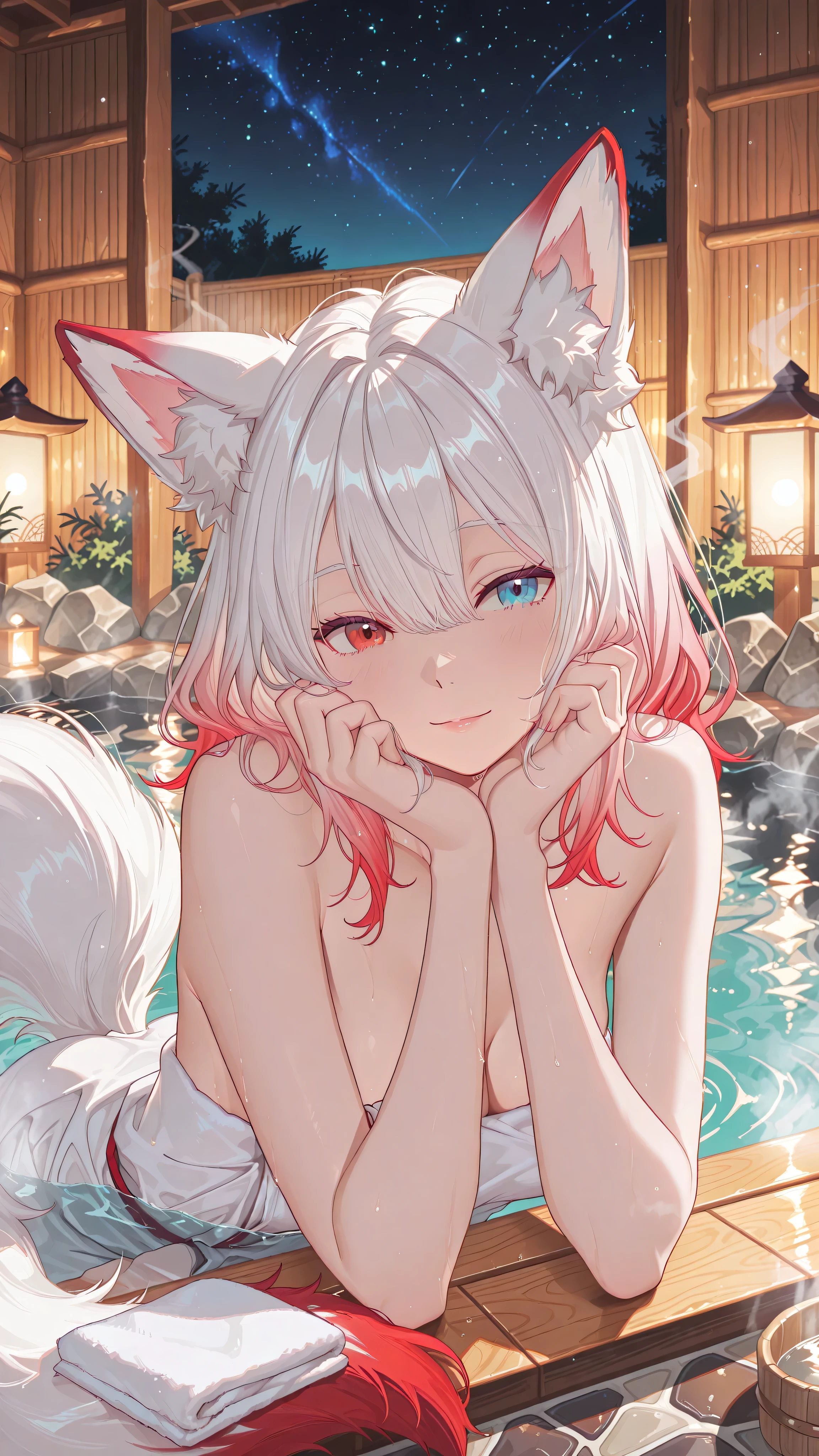(kemonomimi_mode, animal_ears, no_human_ears, only_animal_ears,moody lighting, dramatic shadows, bloom lighting, colored shadows, masterpiece:1.3, 8k:1.3, Highest quality:1.3, detail:1.3, high resolution:1.3, digital painting, super detail, 1 female, hip-high frame) medium close-up shot, a captivating young female kitsune with white hair and large fluffy fox ears showing soft gradient from white to delicate pink-red at the tips. **She is submerged chest-deep in the steaming waters of a traditional onsen, wearing only a small white towel.** STRONG HETEROCHROMIA: her left eye is vivid crimson red, her right eye is bright ice blue. A small red mark sits above her eyes. Her multiple fluffy tails float around her in the thermal water, showing the same beautiful gradient: white at the base fading to soft pink-red at the tips. Traditional onsen architecture in background: wooden bathhouse with sliding paper doors (shoji), stone lanterns casting warm glow through steam. Nighttime setting with starry sky visible through rising vapor. The character is positioned slightly off-center, gazing at the viewer with a subtle, mysterious expression. Water droplets glisten on her skin and hair. The lighting is soft and dramatic, combining lantern light with moonlight reflecting on the water surface. The atmosphere is mystical, serene, and sensual. Style of classic anime, medium close-up framing, intricate details, emphasis on eye color contrast, thermal spring atmosphere.