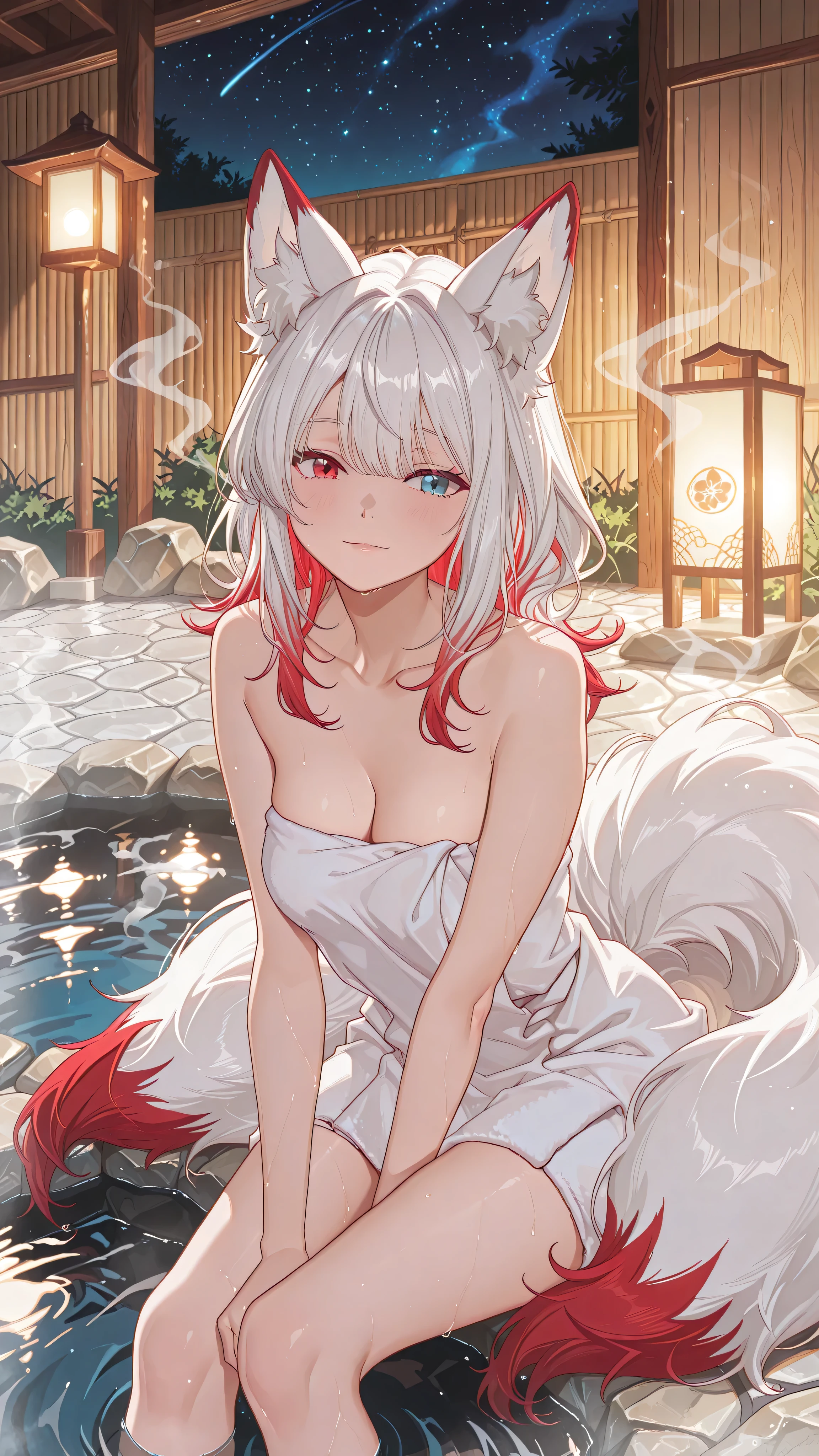 (kemonomimi_mode, animal_ears, no_human_ears, only_animal_ears,moody lighting, dramatic shadows, bloom lighting, colored shadows, masterpiece:1.3, 8k:1.3, Highest quality:1.3, detail:1.3, high resolution:1.3, digital painting, super detail, 1 female, hip-high frame) medium close-up shot, a captivating young female kitsune with white hair and large fluffy fox ears showing soft gradient from white to delicate pink-red at the tips. **She is submerged chest-deep in the steaming waters of a traditional onsen, wearing only a small white towel.** STRONG HETEROCHROMIA: her left eye is vivid crimson red, her right eye is bright ice blue. A small red mark sits above her eyes. Her multiple fluffy tails float around her in the thermal water, showing the same beautiful gradient: white at the base fading to soft pink-red at the tips. Traditional onsen architecture in background: wooden bathhouse with sliding paper doors (shoji), stone lanterns casting warm glow through steam. Nighttime setting with starry sky visible through rising vapor. The character is positioned slightly off-center, gazing at the viewer with a subtle, mysterious expression. Water droplets glisten on her skin and hair. The lighting is soft and dramatic, combining lantern light with moonlight reflecting on the water surface. The atmosphere is mystical, serene, and sensual. Style of classic anime, medium close-up framing, intricate details, emphasis on eye color contrast, thermal spring atmosphere.