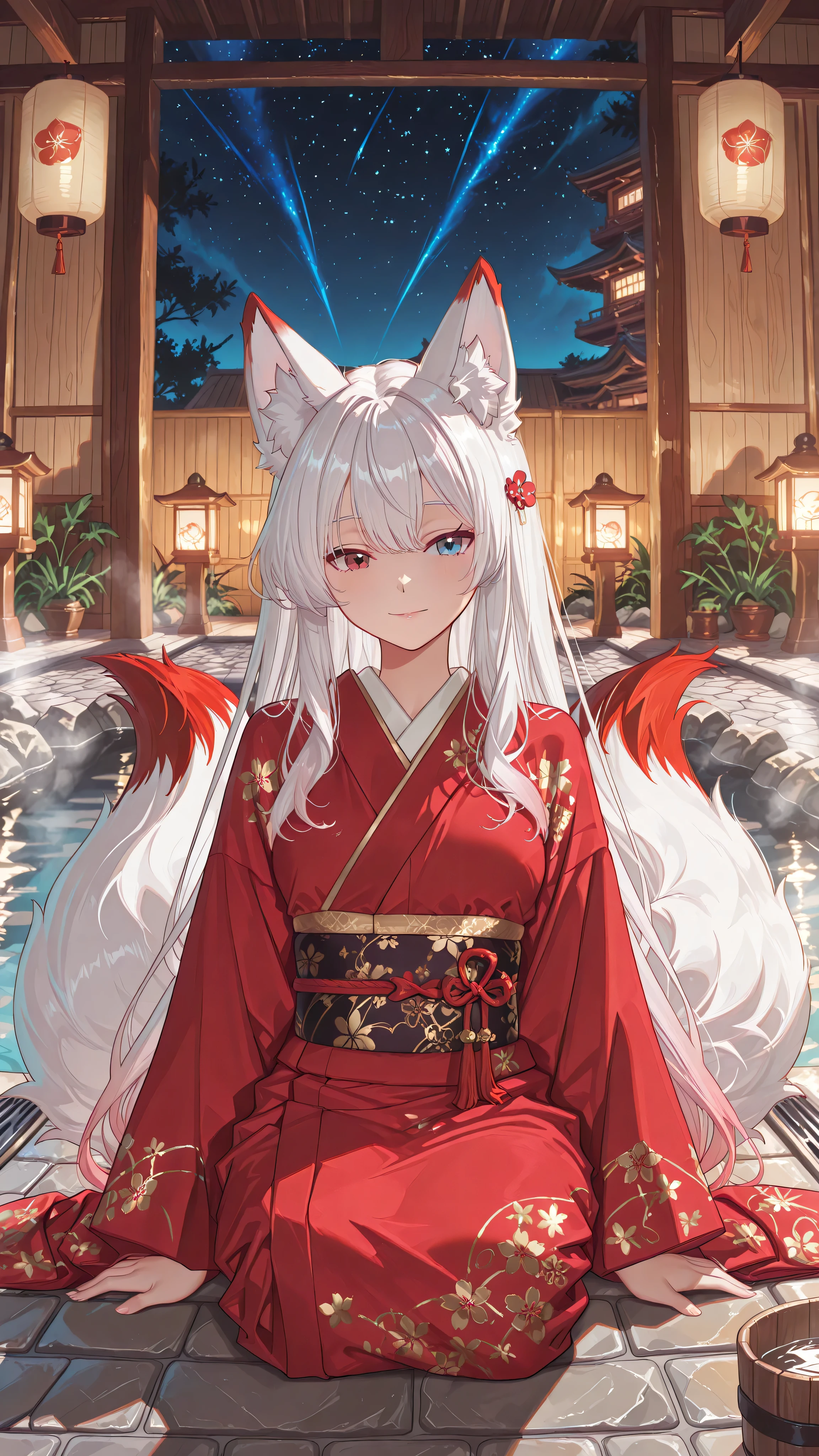 (kemonomimi_mode, animal_ears, no_human_ears, only_animal_ears,moody lighting, dramatic shadows, bloom lighting, colored shadows, masterpiece:1.3, 8k:1.3, Highest quality:1.3, detail:1.3, high resolution:1.3, digital painting, super detail, 1 female, hip-high frame) medium close-up shot, a captivating young female kitsune with white hair and large fluffy fox ears showing soft gradient from white to delicate pink-red at the tips. Dressed in a long flowing red kimono adorned with gold floral patterns. A decorative red hairpin with tassels adorns her hair.
CLEARLY VISIBLE FAN: she holds a detailed red and gold fan in front of her face, partially concealing her features but clearly visible. STRONG HETEROCHROMIA: her left eye is vivid crimson red, her right eye is bright ice blue. A small red mark sits above her eyes.
Her multiple fluffy tails show the same beautiful gradient: white at the base fading to soft pink-red at the tips. **Traditional onsen architecture in background: wooden bathhouse with sliding paper doors (shoji), wooden buckets, and stone paving. Steam rises from multiple thermal pools.** Stone lanterns cast a warm glow, illuminating the mist. Nighttime setting with starry sky.
The character is positioned slightly off-center, gazing at the viewer with a subtle, mysterious expression over her fan. The lighting is soft and dramatic, combining lantern light with moonlight. The atmosphere is mystical, serene, and whimsical. Style of classic anime, medium close-up framing, intricate details, emphasis on eye color contrast, visible fan design, gradient fur.
