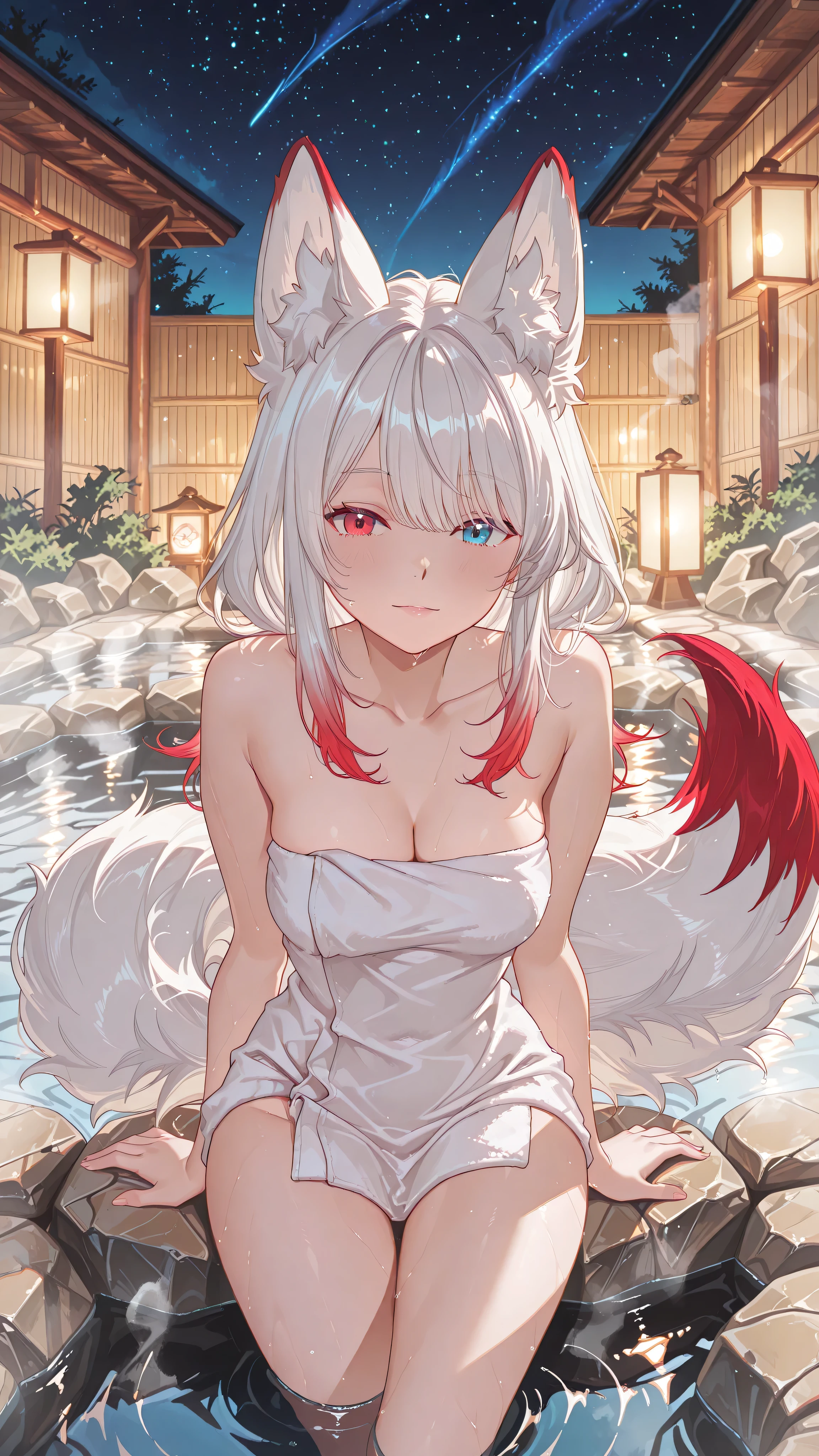 (kemonomimi_mode, animal_ears, no_human_ears, only_animal_ears,moody lighting, dramatic shadows, bloom lighting, colored shadows, masterpiece:1.3, 8k:1.3, Highest quality:1.3, detail:1.3, high resolution:1.3, digital painting, super detail, 1 female, hip-high frame) medium close-up shot, a captivating young female kitsune with white hair and large fluffy fox ears showing soft gradient from white to delicate pink-red at the tips. **She is submerged chest-deep in the steaming waters of a traditional onsen, wearing only a small white towel.** STRONG HETEROCHROMIA: her left eye is vivid crimson red, her right eye is bright ice blue. A small red mark sits above her eyes. Her multiple fluffy tails float around her in the thermal water, showing the same beautiful gradient: white at the base fading to soft pink-red at the tips. Traditional onsen architecture in background: wooden bathhouse with sliding paper doors (shoji), stone lanterns casting warm glow through steam. Nighttime setting with starry sky visible through rising vapor. The character is positioned slightly off-center, gazing at the viewer with a subtle, mysterious expression. Water droplets glisten on her skin and hair. The lighting is soft and dramatic, combining lantern light with moonlight reflecting on the water surface. The atmosphere is mystical, serene, and sensual. Style of classic anime, medium close-up framing, intricate details, emphasis on eye color contrast, thermal spring atmosphere.