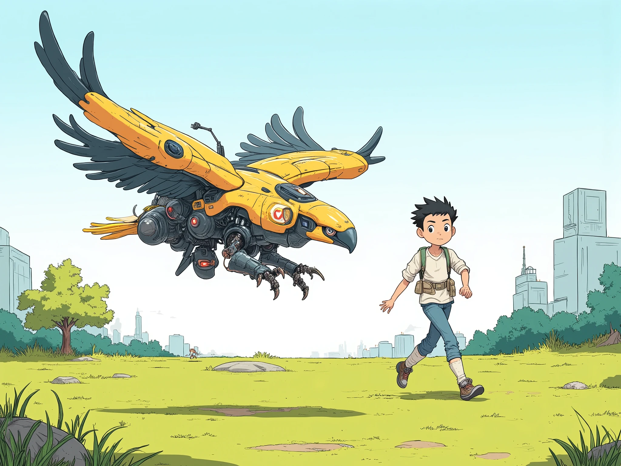 (masterpiece, best quality), illustration, (a highly detailed tiny eagle-shaped robot flying close:1.2), a wide open park with green grass and tree, a teenager in light casual clothing with wearable gadgets running beside it, daytime, relaxed atmosphere, soft natural light、冒険の始まり