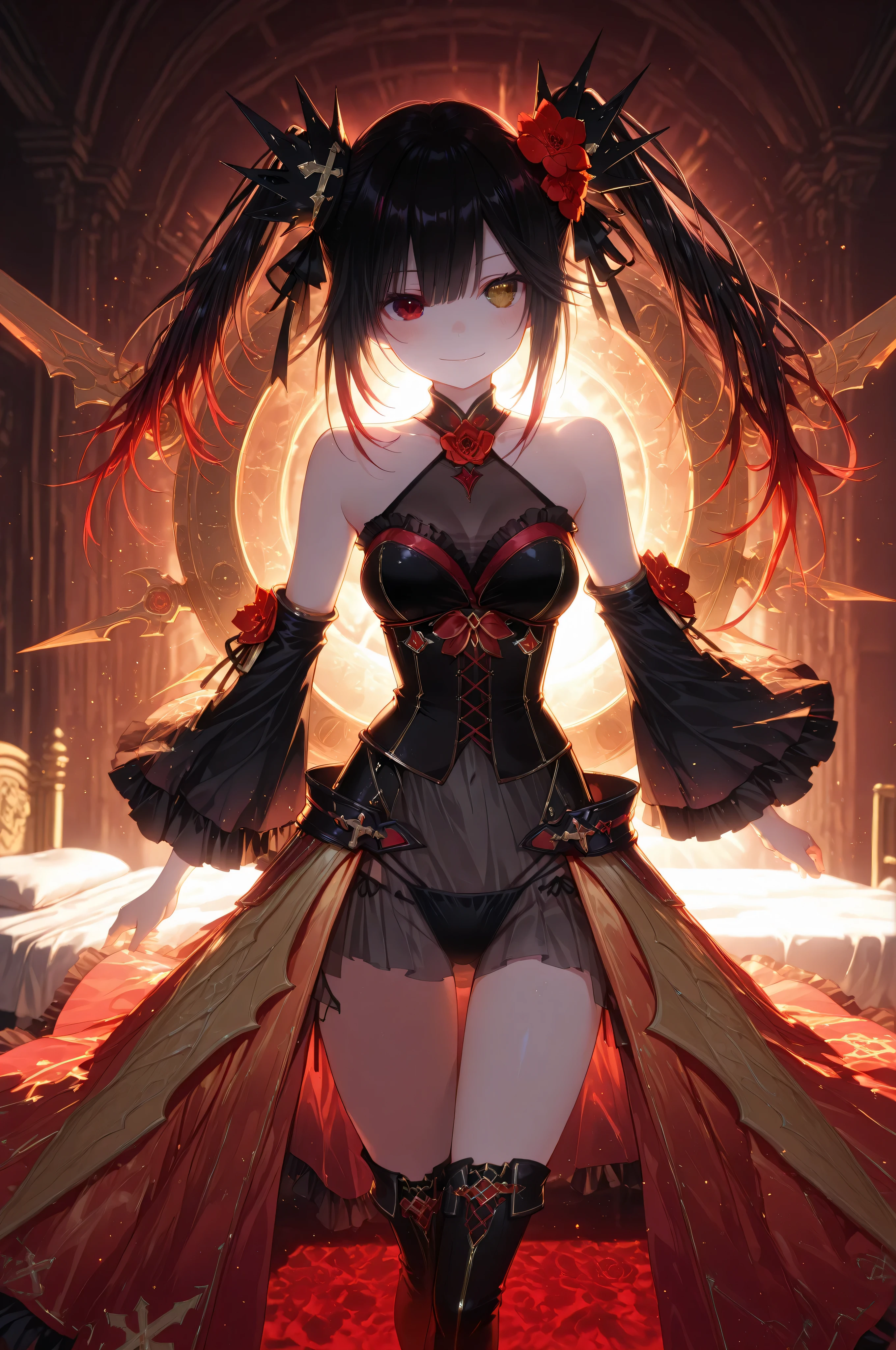 kurumi-to, cri-ni, 1girl, left gold eye, right red eye, heterochromia, black hair, gradient hair, twintails, hair crowns, hair flower, cri_bikini armor, black bikini, cri_corset, cri_halterneck, cri_flower, cri_waist cape, cri_detached sleeves, cri_bare shoulders, cri_thigh boots, cri_gold trim,HDR,Dynamic lighting,masterpiece, best quality,detailed, high resolution, 8k, highly detailed, ultra detailed, beautiful lighting,best quality,detailed eyes,loli,expressive, bed