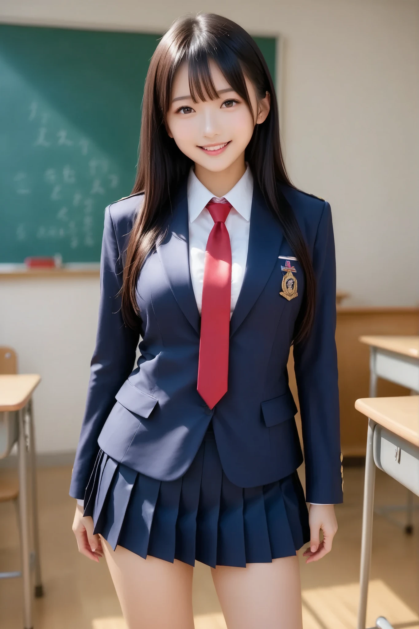 core_9, score_8_up, score_7_up, super detailed, 32K, masterpiece, Highest Quality, super high definition ,nsfw, OFFICIAL ART, photorealistic, cute Japanese girl, semi-long hair, dark haired, small face, BIG BREASTS, natural makeup, cute face, perfection_proportional body on black sheets, detail in a cute room bed, Realistic depiction of the face, Fair skin, (uniform, Navy Blazer, classic style with a white shirt , red tie on the hem, navy pleated mini skirt), ((school classroom, standing, Sexy Poses)), Straps that barely cover, from the front, full body shot, Smiling face looking at viewers、