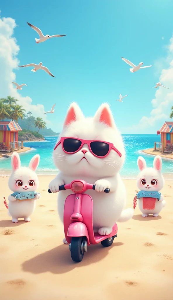 A chubby white cat with sunglasses stepping off a tiny pink scooter onto a sunny beach, surrounded by excited little white bunnies carrying towels and umbrellas. The ocean sparkles in the background with seagulls flying overhead, and colorful beach huts line the shore.
