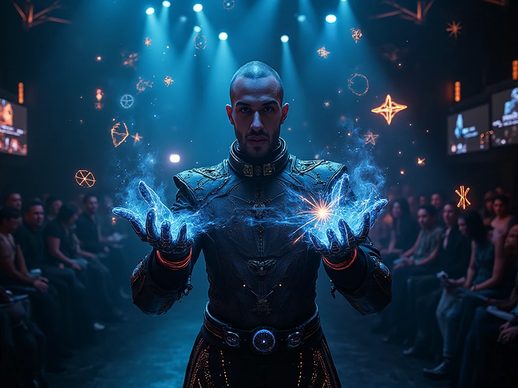 Magic Cyberic High quality, masterpiece, photo, of the mystery a magician in a ...