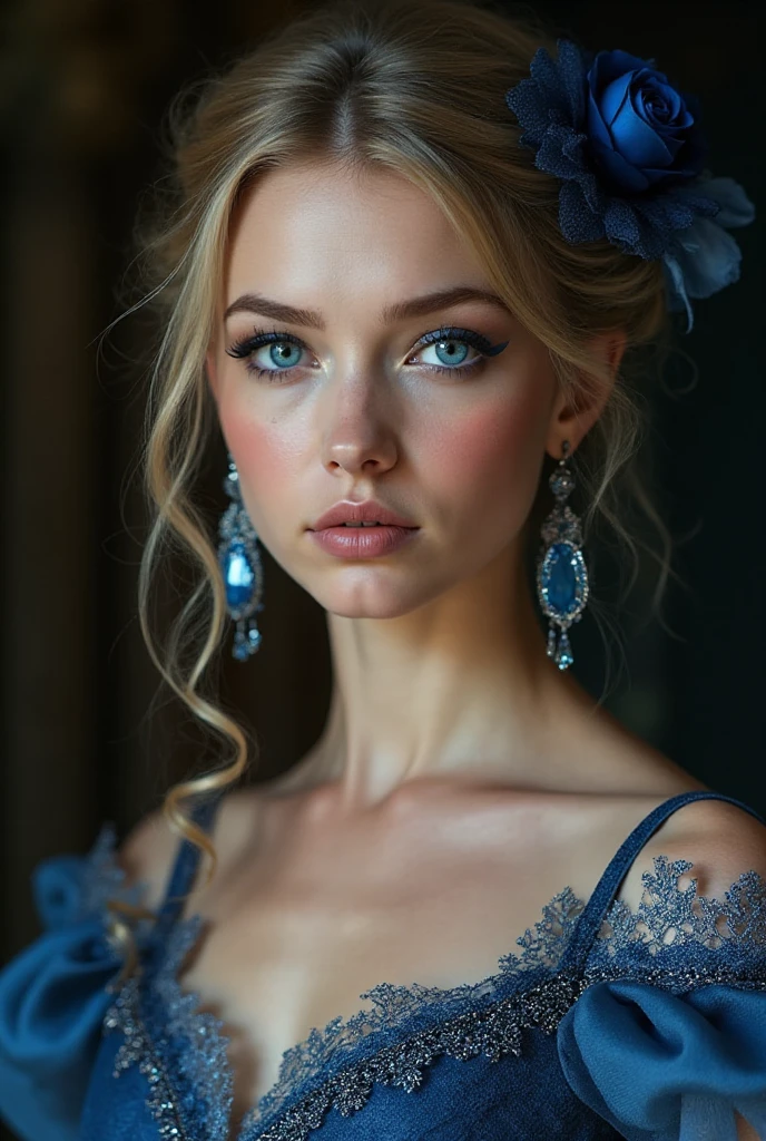 woman, Realistic character，coiffed blonde hair, Sky blue silk dress，Show the ，Blue eyes, anime big , Alone, modern, cyber punk perssonage，fully body photo