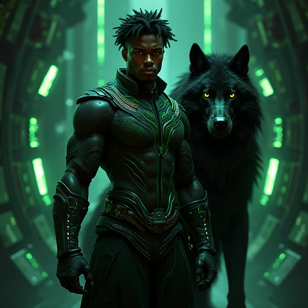 A muscular and savage black male werewolf (afro) and a beautiful exuberant and perfect young blonde policewoman in uniform and armed in a night forest running bravely together facing the shadow monsters in an incredible hunt