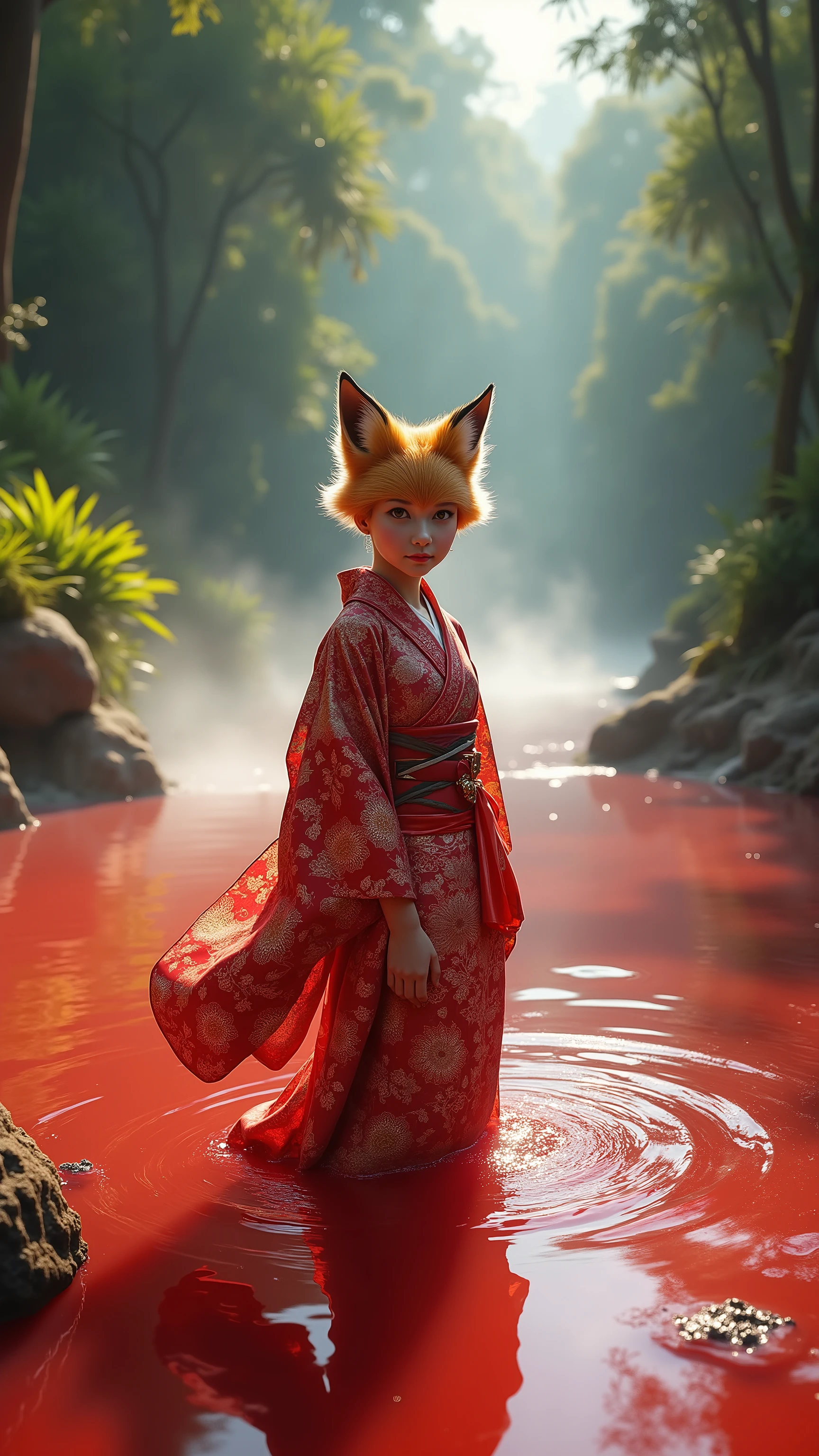 high-definition images、Amazon jungle river with red water hot springs、Fox Girl、Standing in a kimono、全身high-definition images、
