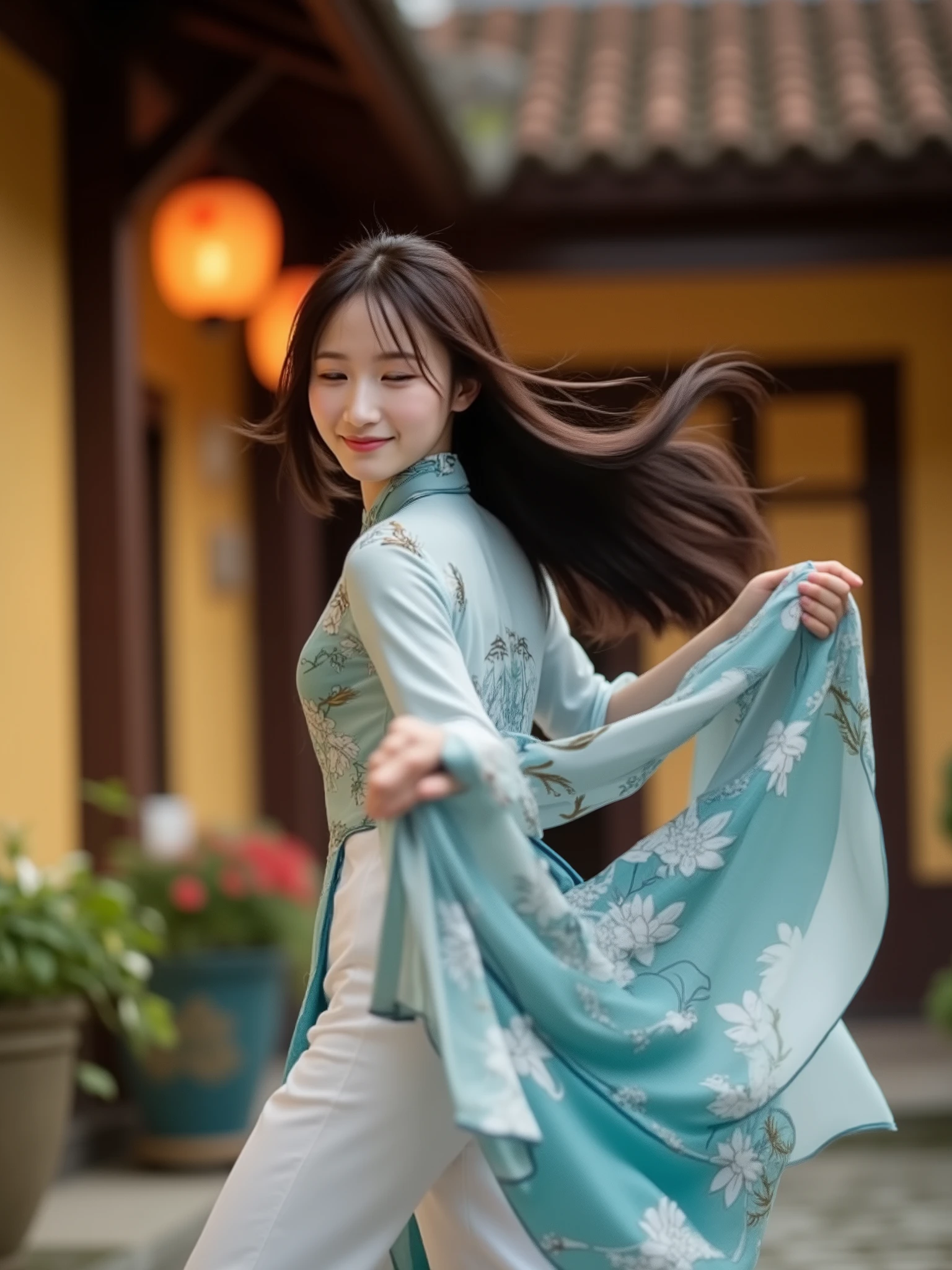 A breathtaking, hyperrealistic 8K photograph of a graceful young woman (early 20s) with long, flowing dark hair, a serene smile, and wearing a stunning, flowing jade blue traditional Vietnamese tunic (Áo dài). The Áo dài is made of delicate, shimmering chiffon, adorned with intricate patterns of lotus flowers and cherry blossoms. She wears elegant white silk trousers. She stands gracefully in front of a beautifully restored traditional Vietnamese house in the French colonial style, featuring a warm yellow facade and an aged, textured tiled roof. The scene is decorated with lush, vibrant green decorative planters overflowing with colorful flowers, and glowing silk lanterns in warm gold and crimson hues hang gently around her and the house. The photo is a medium shot, capturing her from the waist up, taken at golden hour with soft, warm sunlight casting gentle shadows and highlighting the details of the fabric and architecture. The overall mood is nostalgic, peaceful, and elegant. Masterpiece.