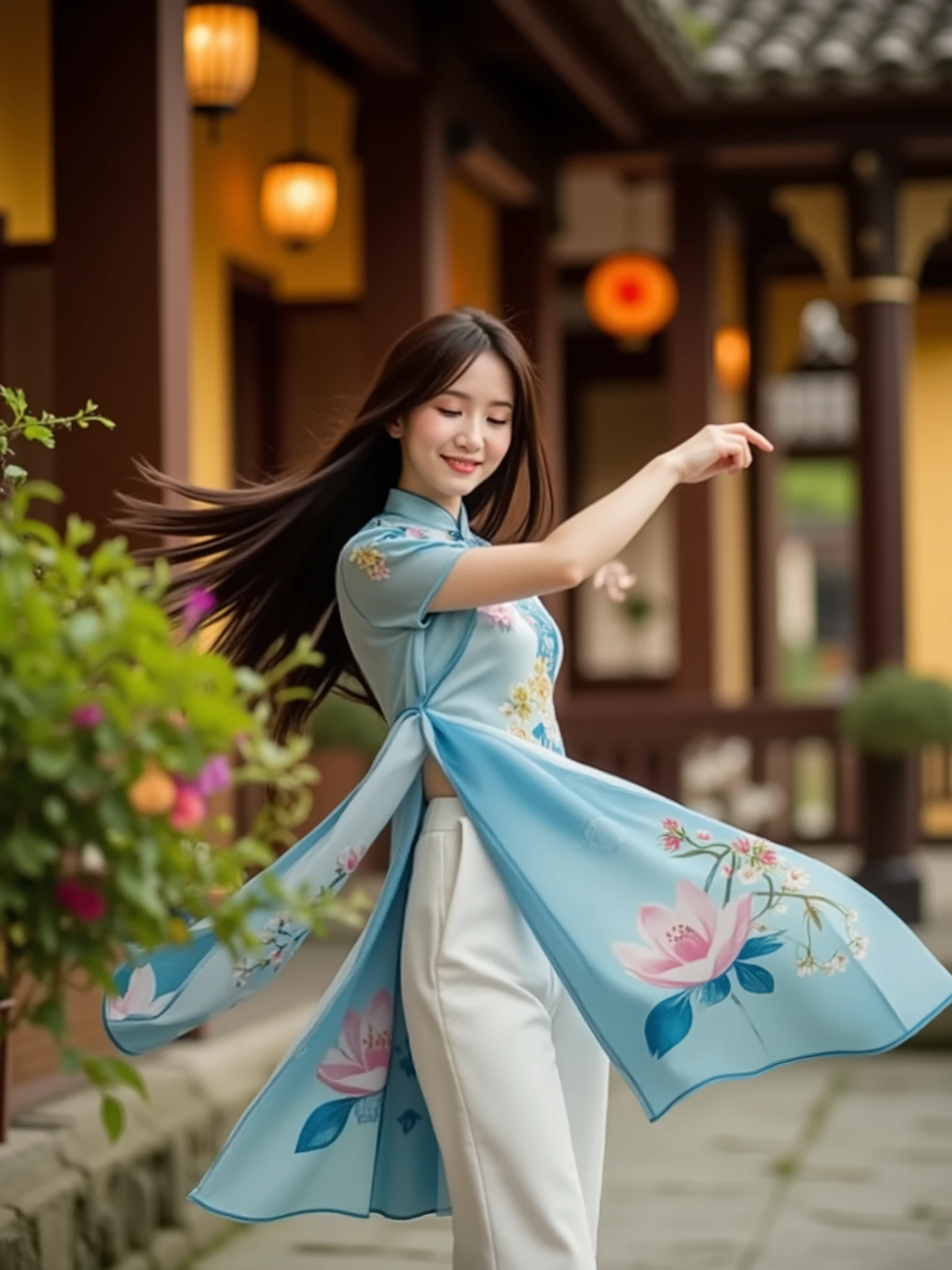 A breathtaking, hyperrealistic 8K photograph of a graceful young woman (early 20s) with long, flowing dark hair, a serene smile, and wearing a stunning, flowing jade blue traditional Vietnamese tunic (Áo dài). The Áo dài is made of delicate, shimmering chiffon, adorned with intricate patterns of lotus flowers and cherry blossoms. She wears elegant white silk trousers. She stands gracefully in front of a beautifully restored traditional Vietnamese house in the French colonial style, featuring a warm yellow facade and an aged, textured tiled roof. The scene is decorated with lush, vibrant green decorative planters overflowing with colorful flowers, and glowing silk lanterns in warm gold and crimson hues hang gently around her and the house. The photo is a medium shot, capturing her from the waist up, taken at golden hour with soft, warm sunlight casting gentle shadows and highlighting the details of the fabric and architecture. The overall mood is nostalgic, peaceful, and elegant. Masterpiece.