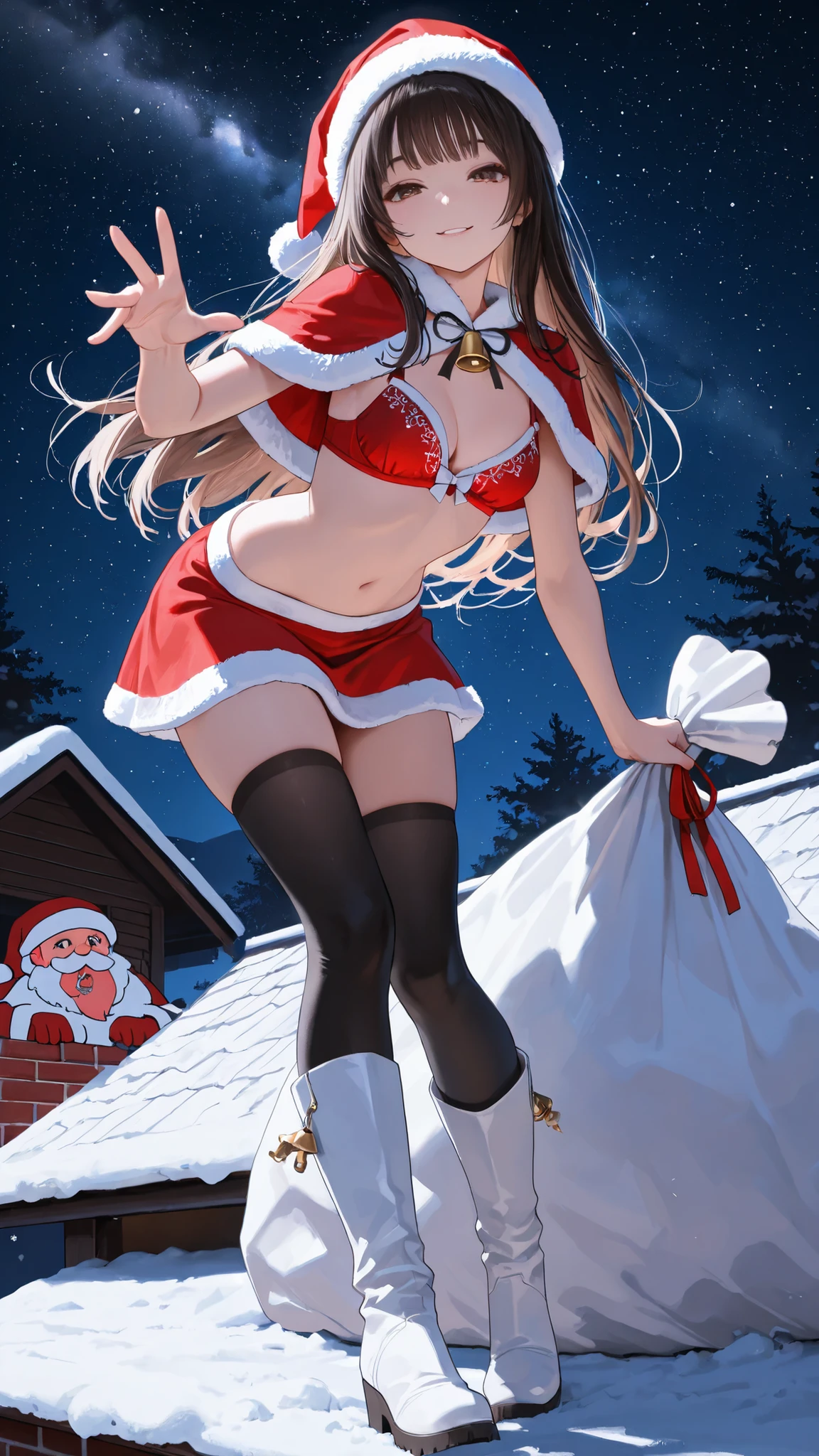 Masterpiece, bright lighting, brown eyes, beautiful Japanese woman, 20 years old, vertical face: 0.5, slender, droopy eyes: 0.4, long hair with soft curls inward, bangs, idol smile, Santa Claus cosplay, short-sleeved Santa jacket, miniskirt, black knee-high socks, small breasts, large white cloth bag at feet, cleavage, red cloth outer bra embroidered with white bells peeking out from under the Santa costume, starry sky, idol smile, lip stitching, late-night starry sky in the background, silver moon, snow-covered chimney, standing on a roof, dynamic pose: 0.5, five fingers, white long boots