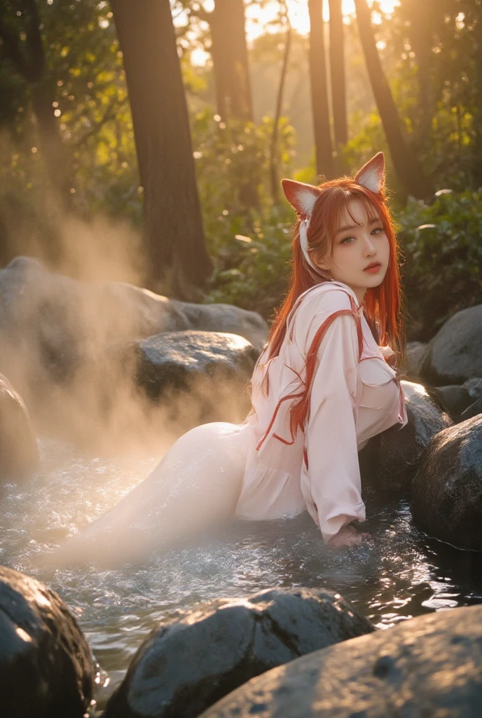 masterpiece, (best quality:1.2), [:intricate details:0.2], 1girl, fox ears, orange hair, red eyes, glowing, sitting, outdoors, (wet blouse:1.3), wet, rain,