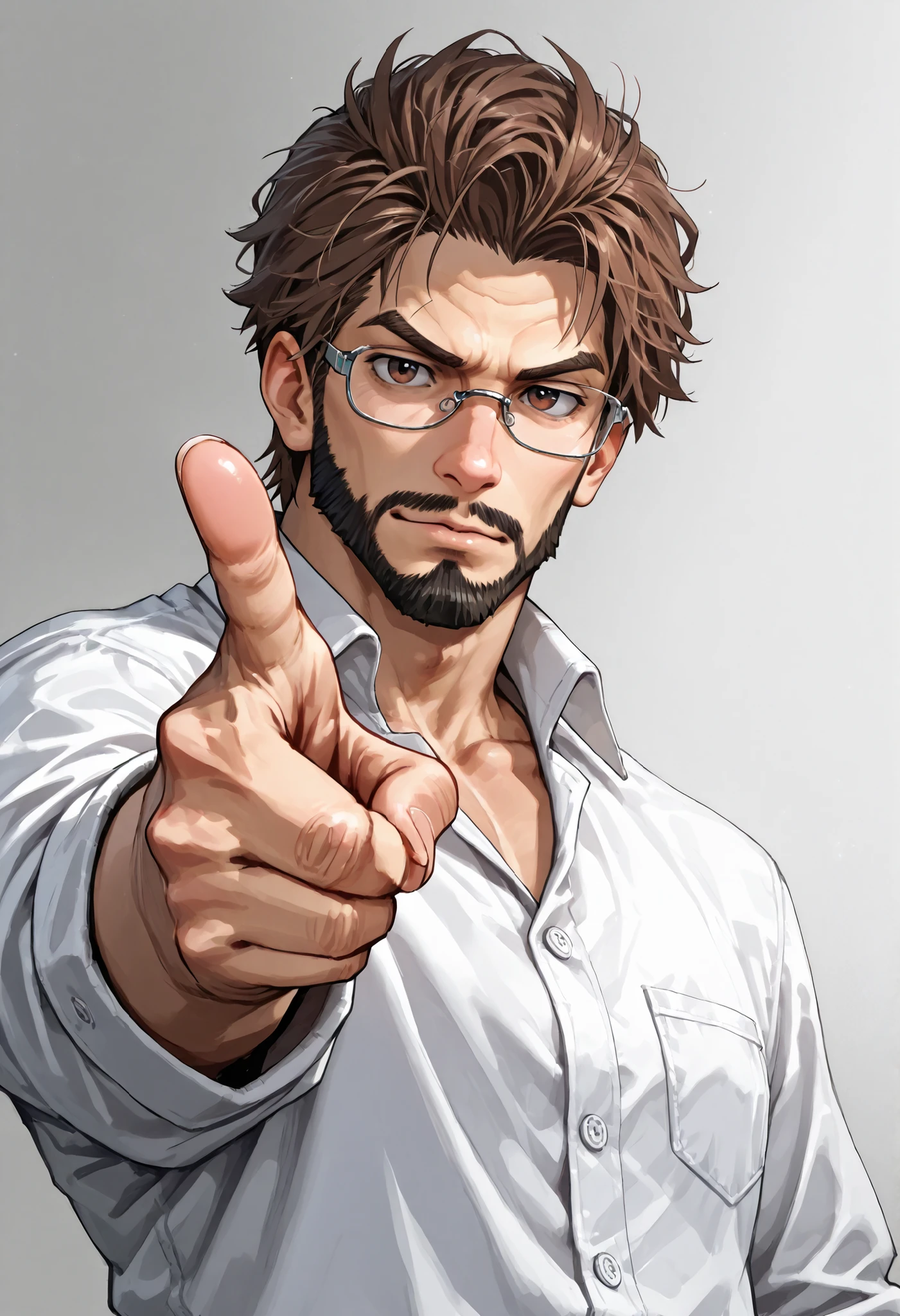 pointing at viewer, Handsome and attractive 38-year-old man, with black beard and white skin/ parda ,  brown eyes and stylish short brown hair, terno preto, wearing prescription glasses, front photo with white background, foto perfeita, homem solo, Thin and forward jawbone