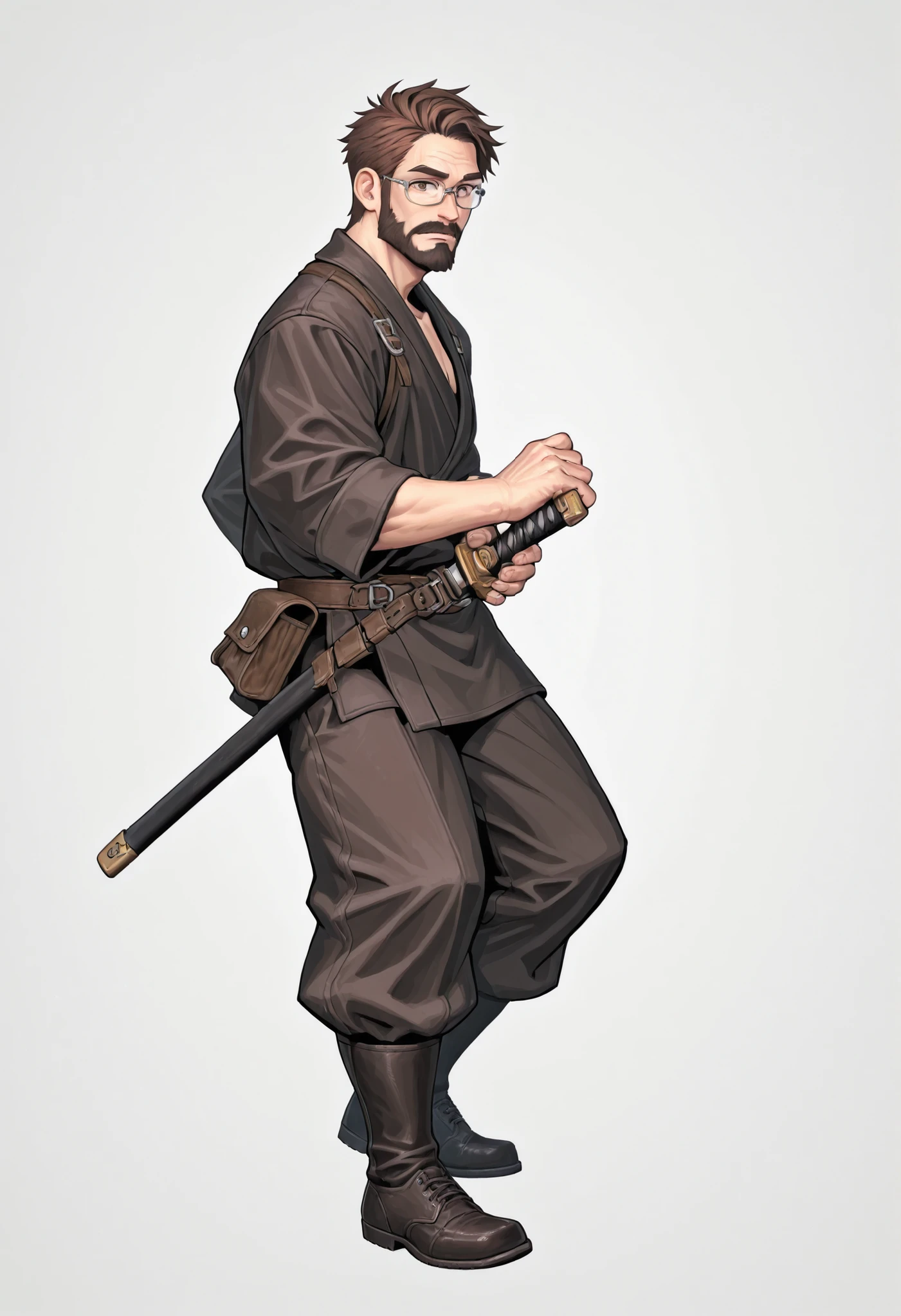 ready to draw,holding sword,, Handsome and attractive 38-year-old man, with black beard and white skin/ parda , brown eyes and stylish short brown hair, terno preto, wearing prescription glasses, front photo with white background, foto perfeita, homem solo, Thin and forward jawbone. Full body image