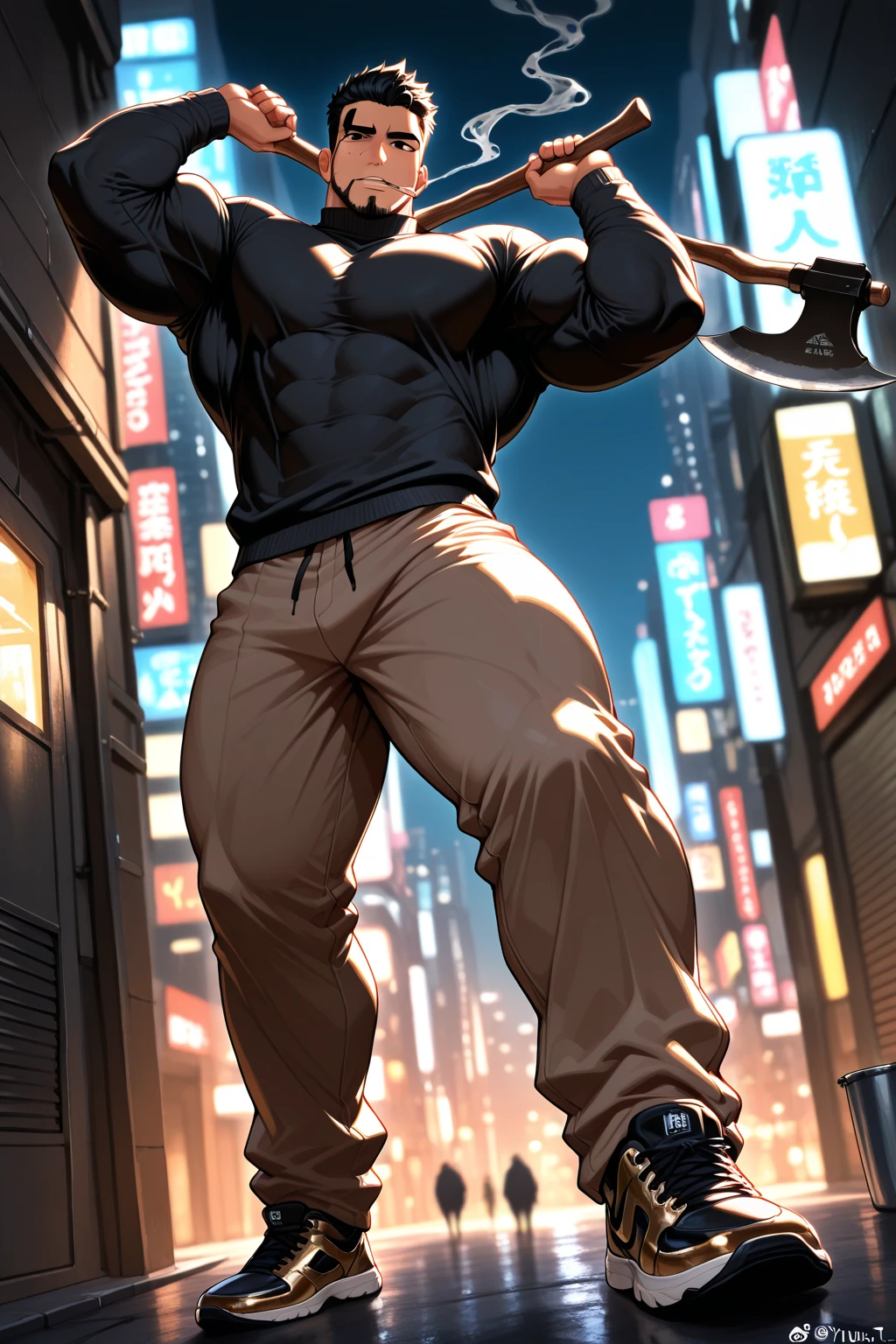 Muscular guy with black hat and long brown hair faces a black man