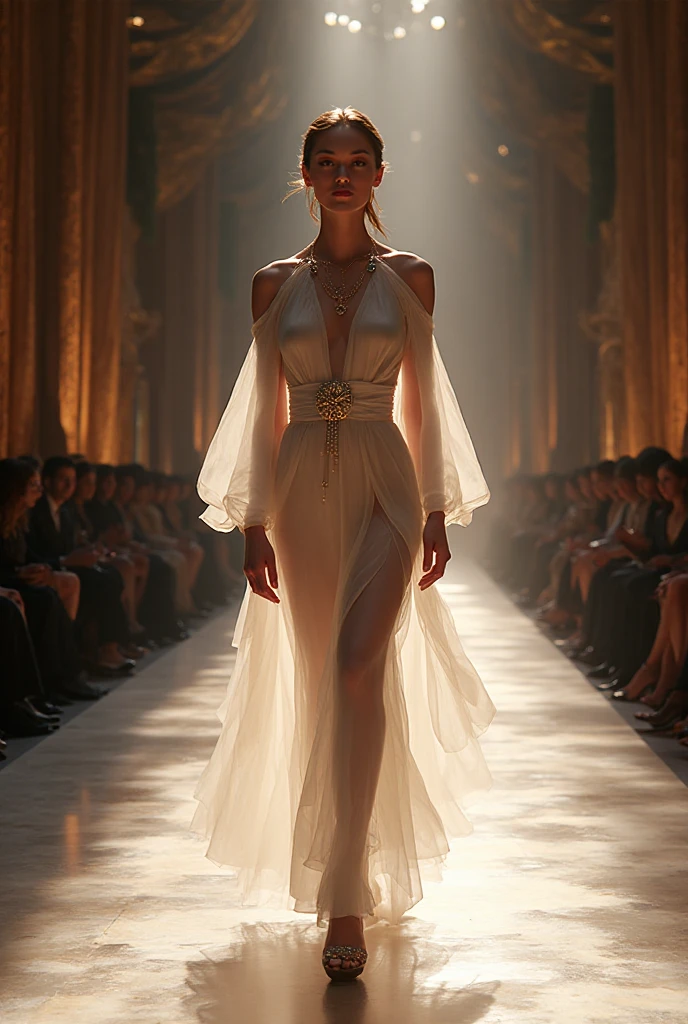 Concept:
The heart of the utopian celebration.
Hundreds of dancers and muses form a human vortex of color, fashion, sweat, and light.
She, the central figure, is the torchbearer — the one who brings elegance to the chaos.
Her gown moves like prophecy. Her presence is magnetic.
All around her: high fashion. Wild choreography. Divine energy.

📍 Scene:
An enormous open-air techno cathedral built into a cliffside by the sea.
The floor is covered in luminous tiles that react to contact, lighting up in unique patterns under each person’s feet.
Around her: rising rings of kinetic structures, sound pillars, aerial acrobats, and an ocean of people dancing like flames.
Above: fabric banners ripple, suspended in mid-air, catching projections of ethereal faces and sacred symbols.

👤 Lead Performer / Model:
Italian-Parisian, 25 — regal, sensual, luminous
Face: sculptural, with gold-dusted cheekbones and dramatic indigo eyeliner that extends past the temples.

👗 Look:

Custom Iris van Herpen x Alaïa collaboration gown:
A sculpted high-neck design made of laser-cut silk organza, with winged pleats that flutter with every movement.
The body of the dress is semi-translucent, layered in interlocking textures that mimic soundwaves frozen mid-flight.
Side slits to the hip. ???? back. Every step lets the light pour through like stained glass.
Worn barefoot, toes painted in mirror chrome, a living sculpture in motion.

💎 Accessories:

A shoulder piece by Schiaparelli, gold threads swirling around one shoulder like vines of sound.

Custom Maison Margiela earpiece, shaped like a seashell, glowing with ambient light pulses.

No necklace — her collarbone becomes the canvas, inked with a single line of calligraphic data glyphs.

📸 Camera Focus:

🎥 Slow vertical tilt as she spins, her dress fanning open like wings — the crowd blurring 