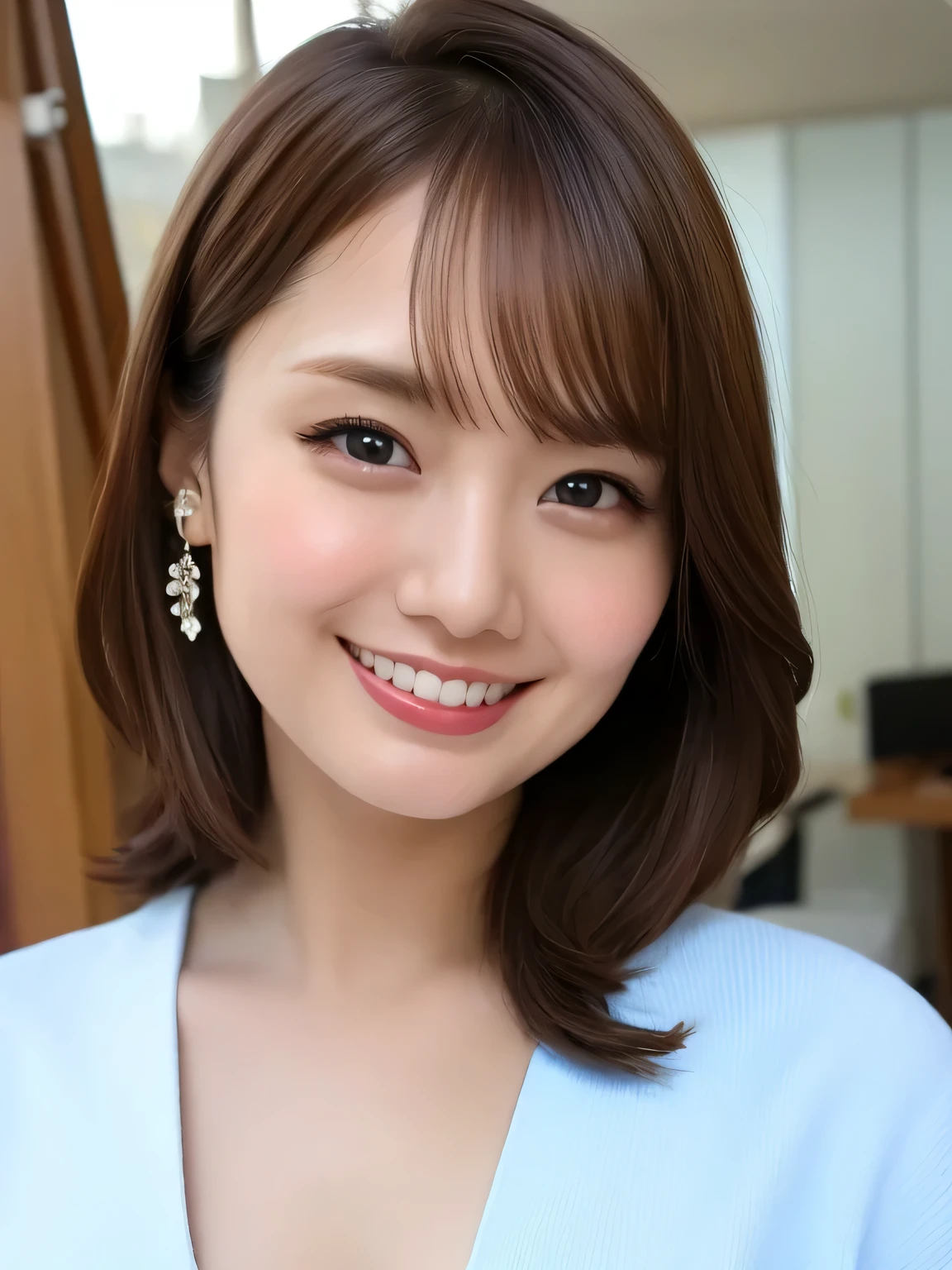 ０Beautiful young woman of the year、 Korean women、Brown Hair、Wavy Hair、short hair、ear piercing、Necklace around the neck、blouse、smile, Beautiful teeth alignment、Intricate details, Very detailed:1.2), 、 Looking into the camera,The background is the town