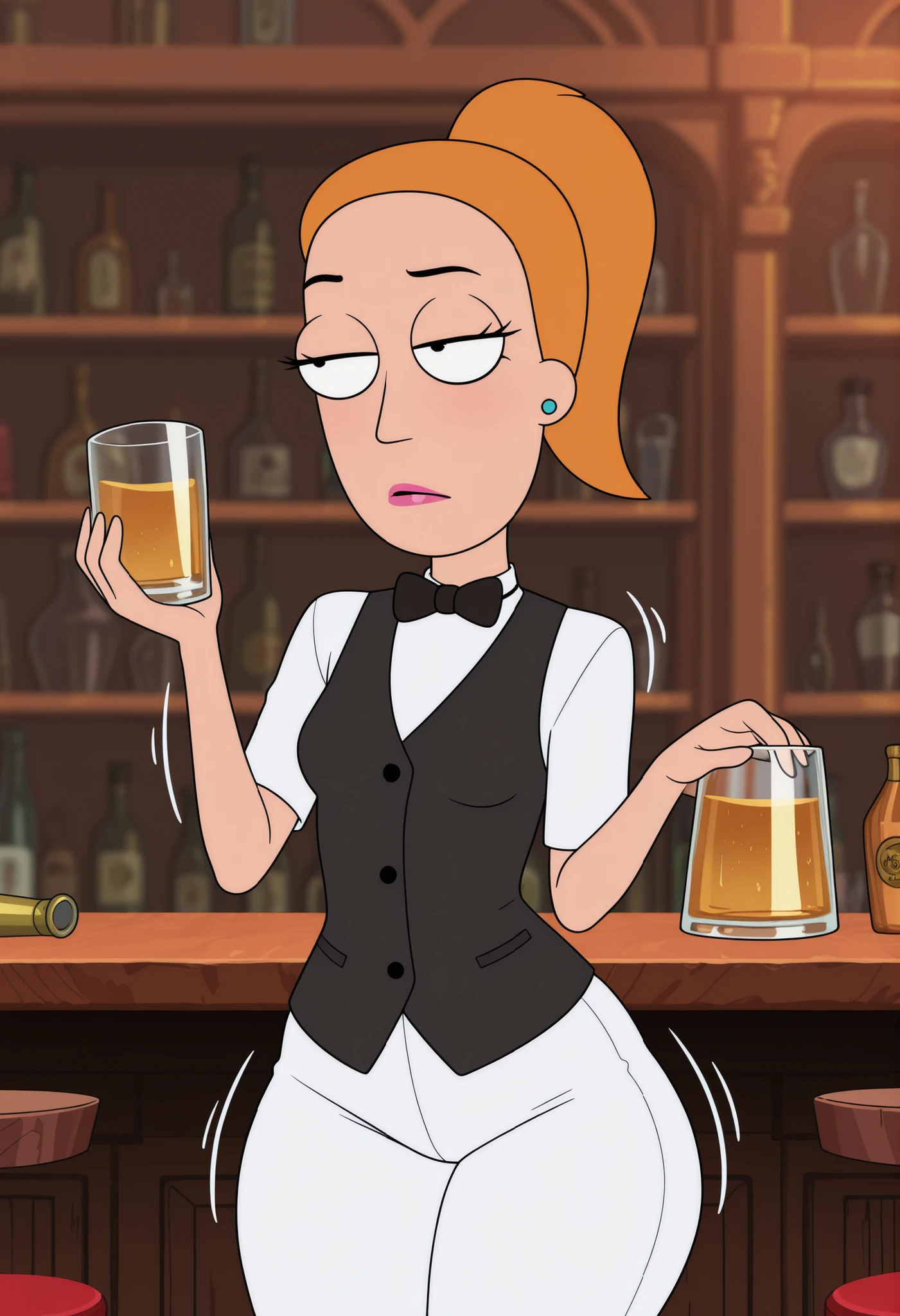 DISNEY_ANIMATION,Summer Smith, ginger, medium hair, ponytail, small , skinny body, huge . earrings. pink lips, black eyes | masterpiece,amazing quality,best quality,ultra-detailed,8K,illustration,CG,ultra-detailed-eyes,bar,cute girl, eyelashes,bartender, white shirt, bowtie, black vest, holding,pants,alcohol,motion line