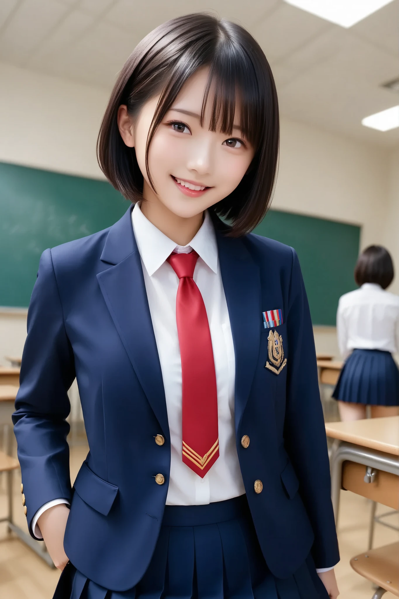 core_9, score_8_up, score_7_up, super detailed, 32K, masterpiece, Highest Quality, super high definition ,nsfw, OFFICIAL ART, photorealistic, cute Japanese girl, (((super short hair、dark haired))), small face, small breasts, natural makeup, cute face, perfection_proportional body on black sheets, detail in a cute room bed, Realistic depiction of the face, Fair skin, (uniform, Navy Blazer, classic style with a white shirt , red tie on the hem, navy pleated mini skirt、I can see the white panties under the skirt:1.2、A lot of friends are walking around ), ((school classroom, standing, Sexy Poses)), Straps that barely cover, from the front, full body shot, smiling looking at viewers、