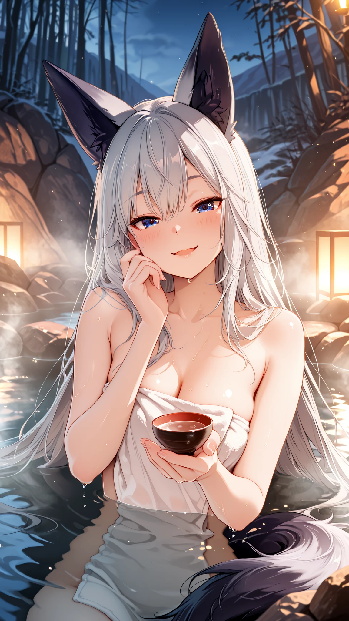 beautiful silver fox-eared woman with a fluffy tail rising from the water, long flowing hair, graceful and elegant, relaxing in a steaming outdoor hot spring bath surrounded by natural rocks, staring at the camera with a smug smile, she wears a towel wrapped around her body so her chest is not visible, holding a small ceramic sake cup in her hand, sipping gently, cheeks slightly flushed, mouth open in a blissful relaxed expression, subtle divine aura and ethereal glow around the fox woman, faint shimmering light around her hair and tail, viewed a little below
BREAK
steam drifting across the bath, atmosphere of warmth, familiarity, and gentle reverence, fantastical yet heartwarming mood, cinematic anime illustration with soft mystical tones, eye_focus, masterpiece, best quality, very aesthetic