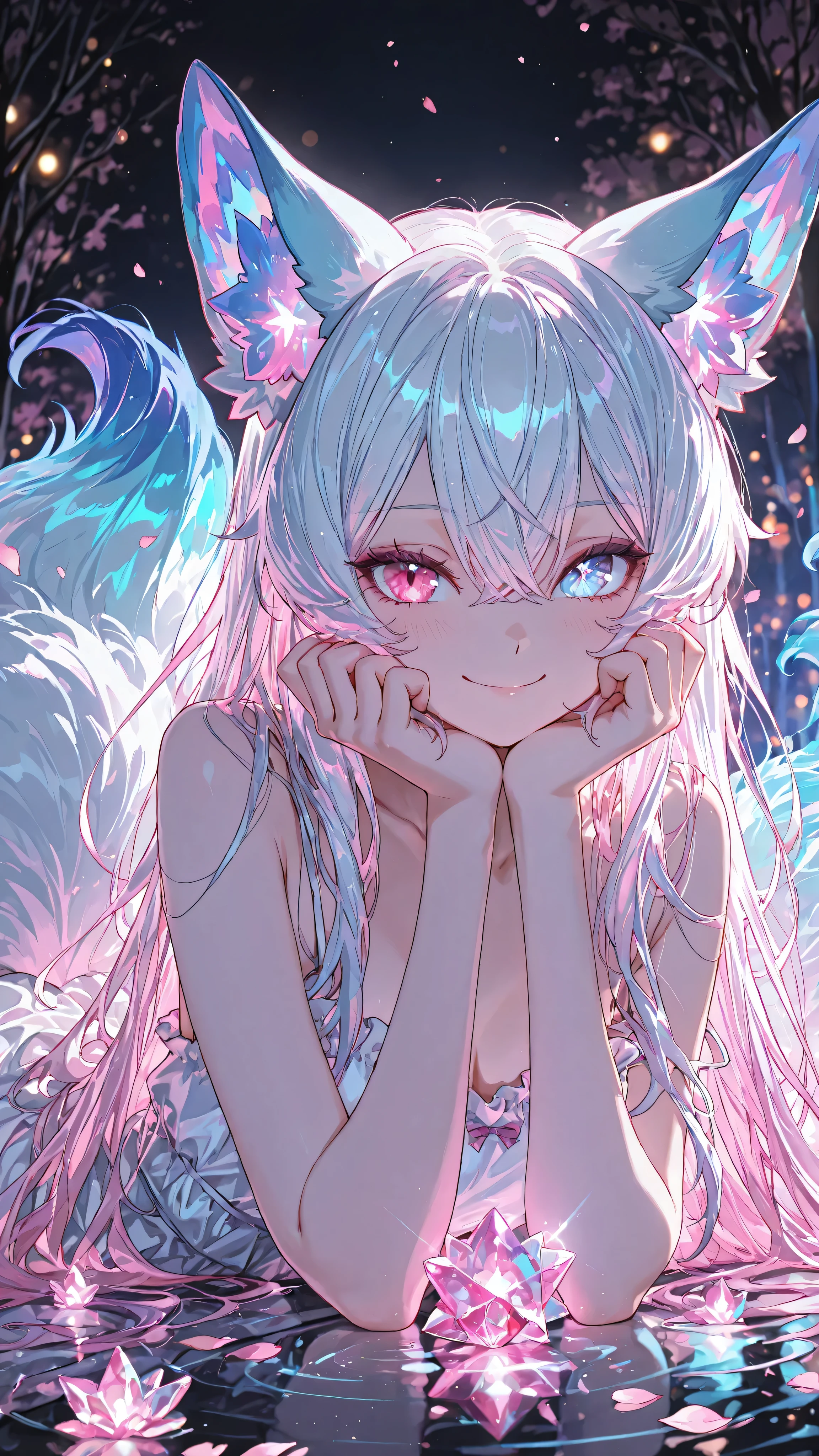 (neon aesthetic, neon colors, glowing, glow effect, vibrant colors, high contrast, fluorescent, luminescence, light effects, chromatic lighting, colorful lighting, bright outlines, neon lineart, dark background, digital art,crystal core, crystal aesthetic, gemcore, shiny crystals, magical crystals, glowing gems, transparent shards, crystalline texture, ethereal glow, holographic fragments, iridescent, rainbow reflections, holographic colors, translucent, glass-like,moody lighting, dramatic shadows, bloom lighting, colored shadows,masterpiece, best quality, 8k, ultra detailed, anime style, digital painting), 1 female, kitsune, (kemonomimi_mode, animal_ears, no_human_ears, only_animal_ears), (medium shot), (looking at viewer), (seductive expression), (mysterious smile).
**A captivating kitsune revealing her true form in an onsen.** Her long hair, large fluffy fox ears, and multiple fluffy tails are pure snow white with a smooth, vibrant pink-red gradient at the tips. **STRONG HETEROCHROMIA:** one eye is vivid crimson, the other is bright ice blue. A small red mark above her eyes.
She is chest-deep in the steaming waters of a modern-neon onsen. **The key feature is the lighting: traditional stone lanterns now glow with magical pink and cyan neon light, casting a soft neon radiance through the steam.** Her skin and the water droplets glisten with this ethereal neon glow. Flower petals float on the water's surface.
**Atmosphere:** mystical, serene, alluring, enchanting, (neon noir), (chromatic aberration), (bloom lighting), (volumetric steam). The scene is a fusion of traditional Japanese aesthetics and dreamlike neon fantasy.
**Color Palette:** dominant electric pink, cyan, deep night blues, and pure white. Soft on the eyes but visually striking.
(wispy smoke), (floating petals), (reflections on water), (bokeh background).