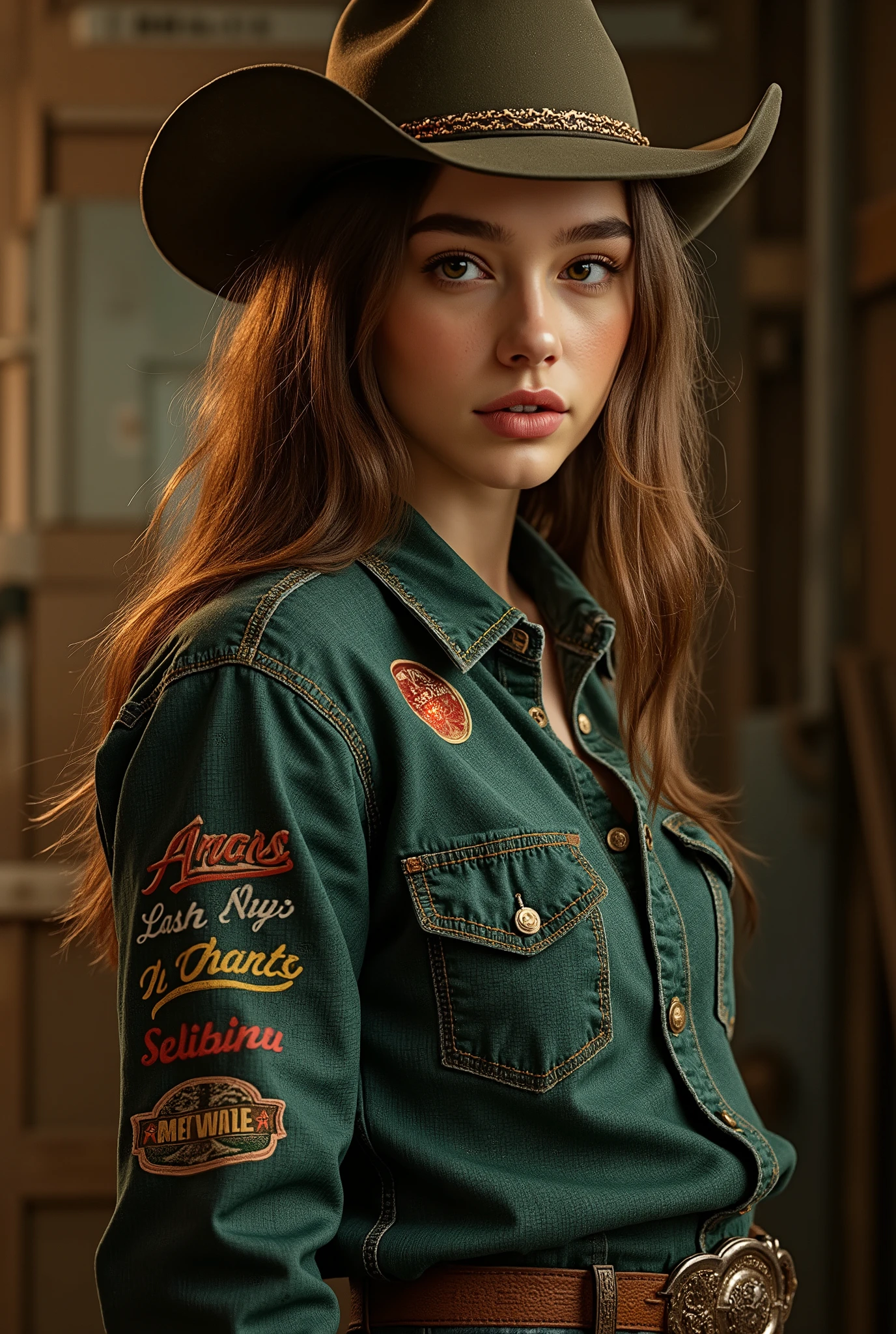 Dasha Taran cowgirl, wearing a green denim shirt, denim hat and denim gloves, na camisa. And lots of sponsors up the dark sleeve, shades of warm colors,dramatic shadows