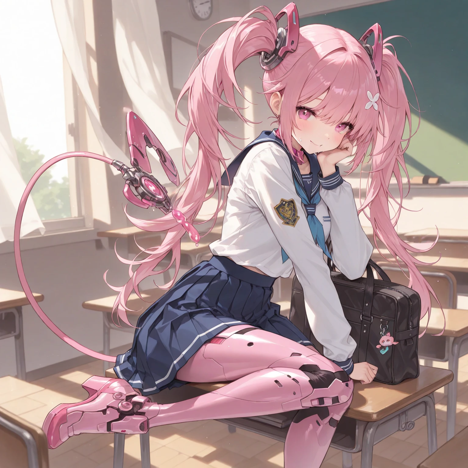 1girl, solo, pink hair, two pigtails, long pigtails, white shirt, pink skirt, white stockings, black school shoes, quiet, cold face