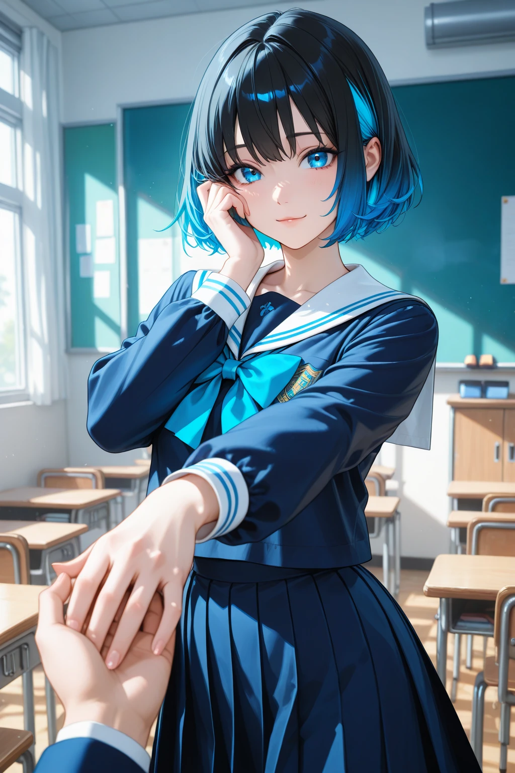 Anime girl with blue hair sitting on a chair in a room - SeaArt AI