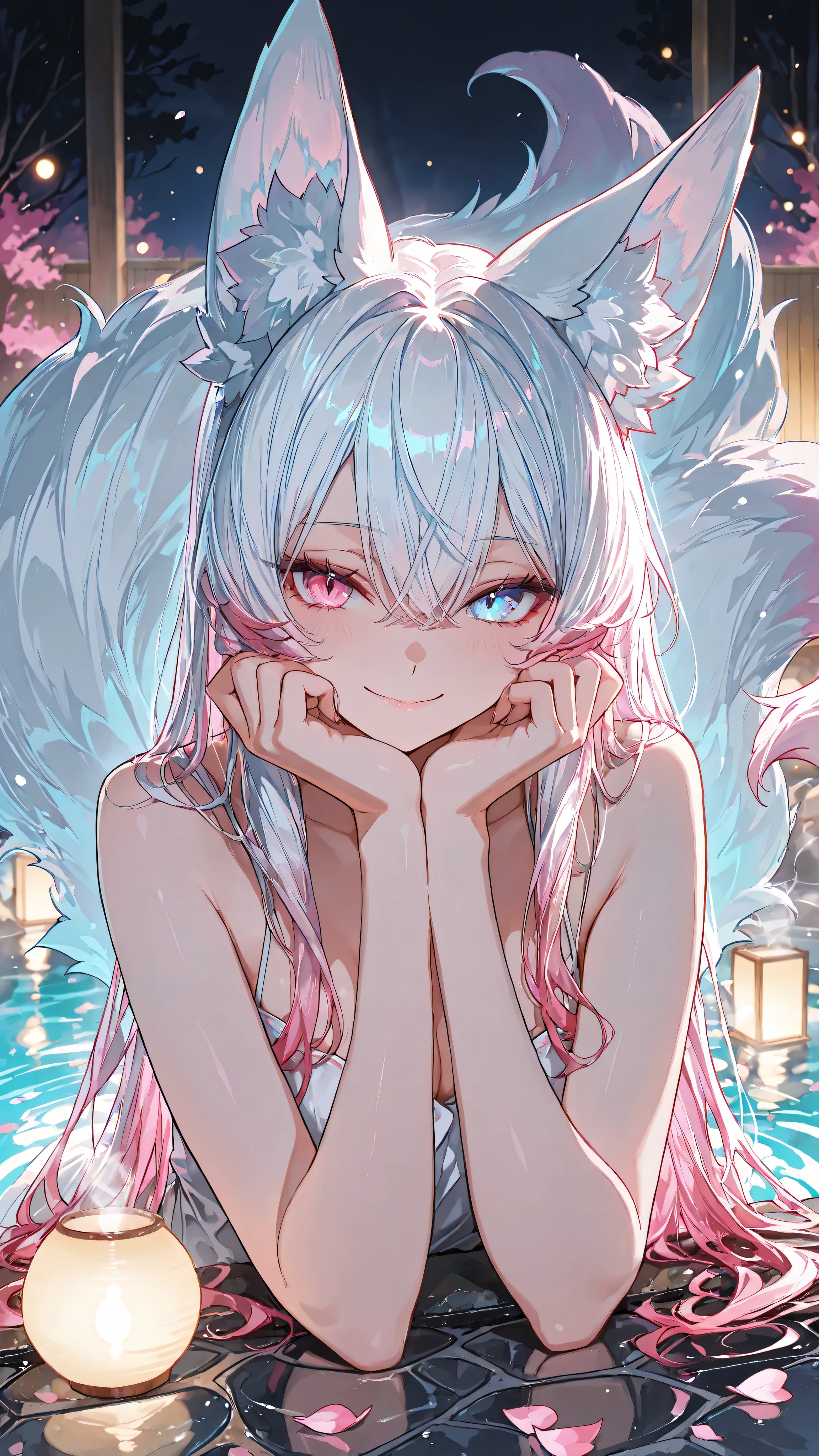 (masterpiece, best quality, 8k, ultra detailed, anime style, digital painting), 1 female, kitsune, (kemonomimi_mode, animal_ears, no_human_ears, only_animal_ears), (medium shot), (looking at viewer), (seductive expression), (mysterious smile), (moody lighting, dramatic shadows, bloom lighting, colored shadows,neon aesthetic, neon colors, glowing, glow effect, vibrant colors, high contrast, fluorescent, luminescence, light effects, chromatic lighting, colorful lighting, bright outlines, neon lineart, dark background, digital art)
**A captivating kitsune revealing her true form in an onsen.** Her long hair, large fluffy fox ears, and multiple fluffy tails are pure snow white with a smooth, vibrant pink-red gradient at the tips. **STRONG HETEROCHROMIA:** one eye is vivid crimson, the other is bright ice blue. A small red mark above her eyes.
She is chest-deep in the steaming waters of a modern-neon onsen. **The key feature is the lighting: traditional stone lanterns now glow with magical pink and cyan neon light, casting a soft neon radiance through the steam.** Her skin and the water droplets glisten with this ethereal neon glow. Flower petals float on the water's surface.
**Atmosphere:** mystical, serene, alluring, enchanting, (neon noir), (chromatic aberration), (bloom lighting), (volumetric steam). The scene is a fusion of traditional Japanese aesthetics and dreamlike neon fantasy.
**Color Palette:** dominant electric pink, cyan, deep night blues, and pure white. Soft on the eyes but visually striking.
(wispy smoke), (floating petals), (reflections on water), (bokeh background).